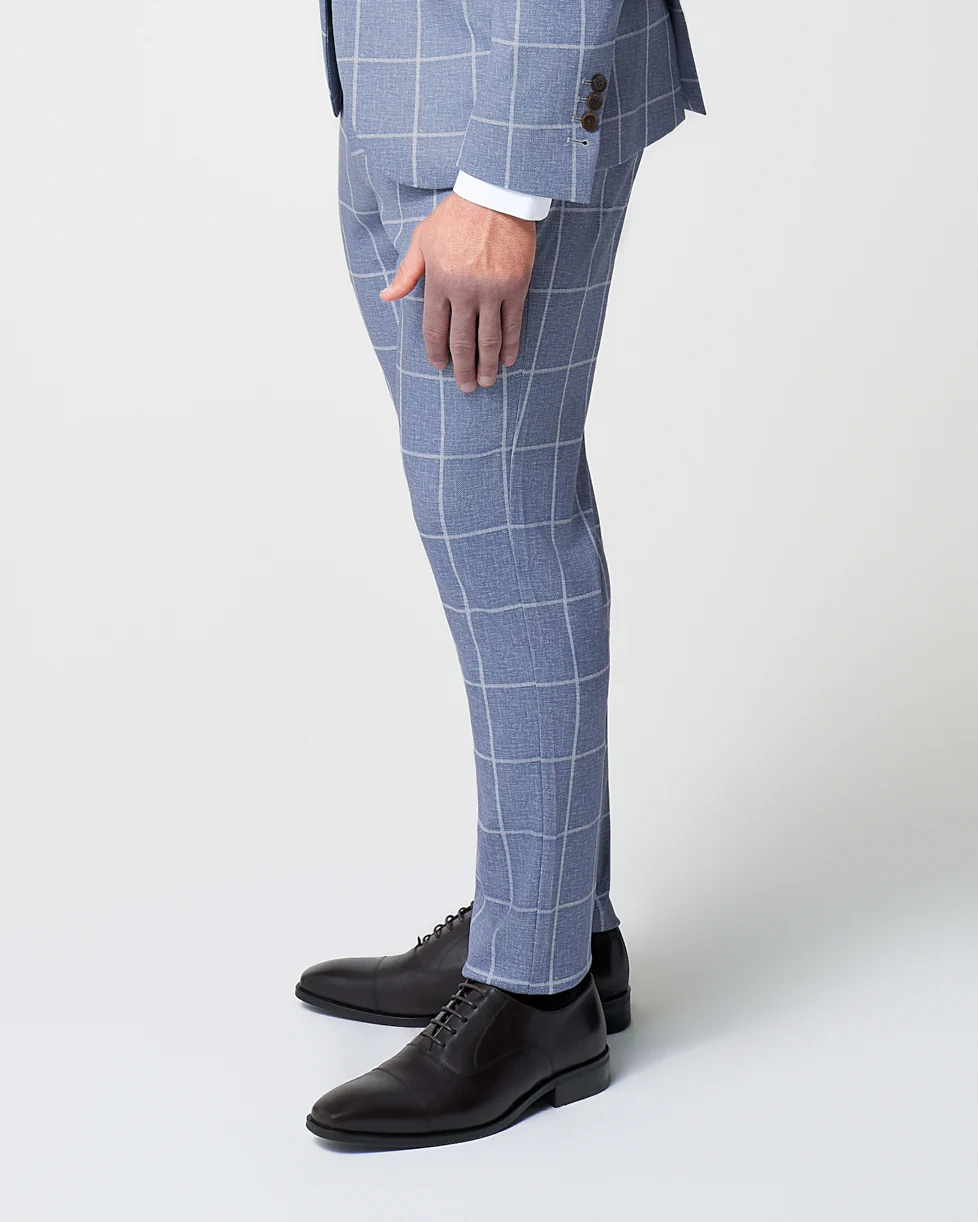 Athletic Fit Stretch Suit Pants - Textured Light Blue with White Windowpane - Image 3