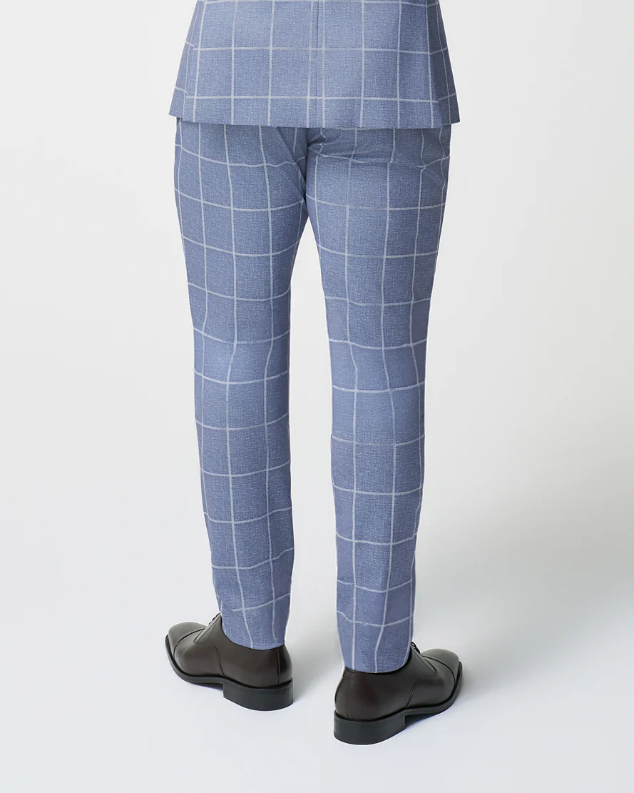 Athletic Fit Stretch Suit Pants - Textured Light Blue with White Windowpane - Image 4