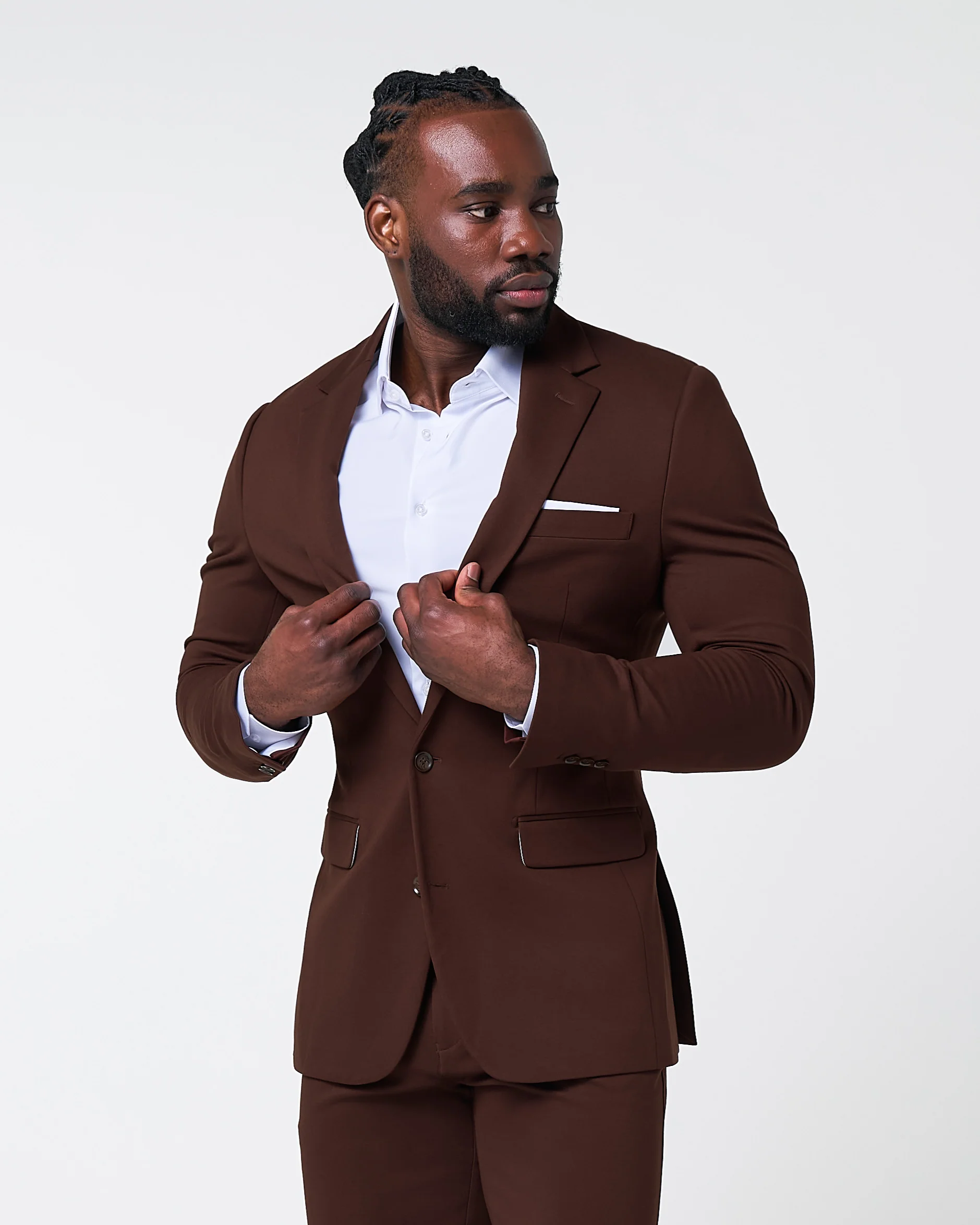 Athletic Fit Stretch Suit - Solid Brown - Image 3