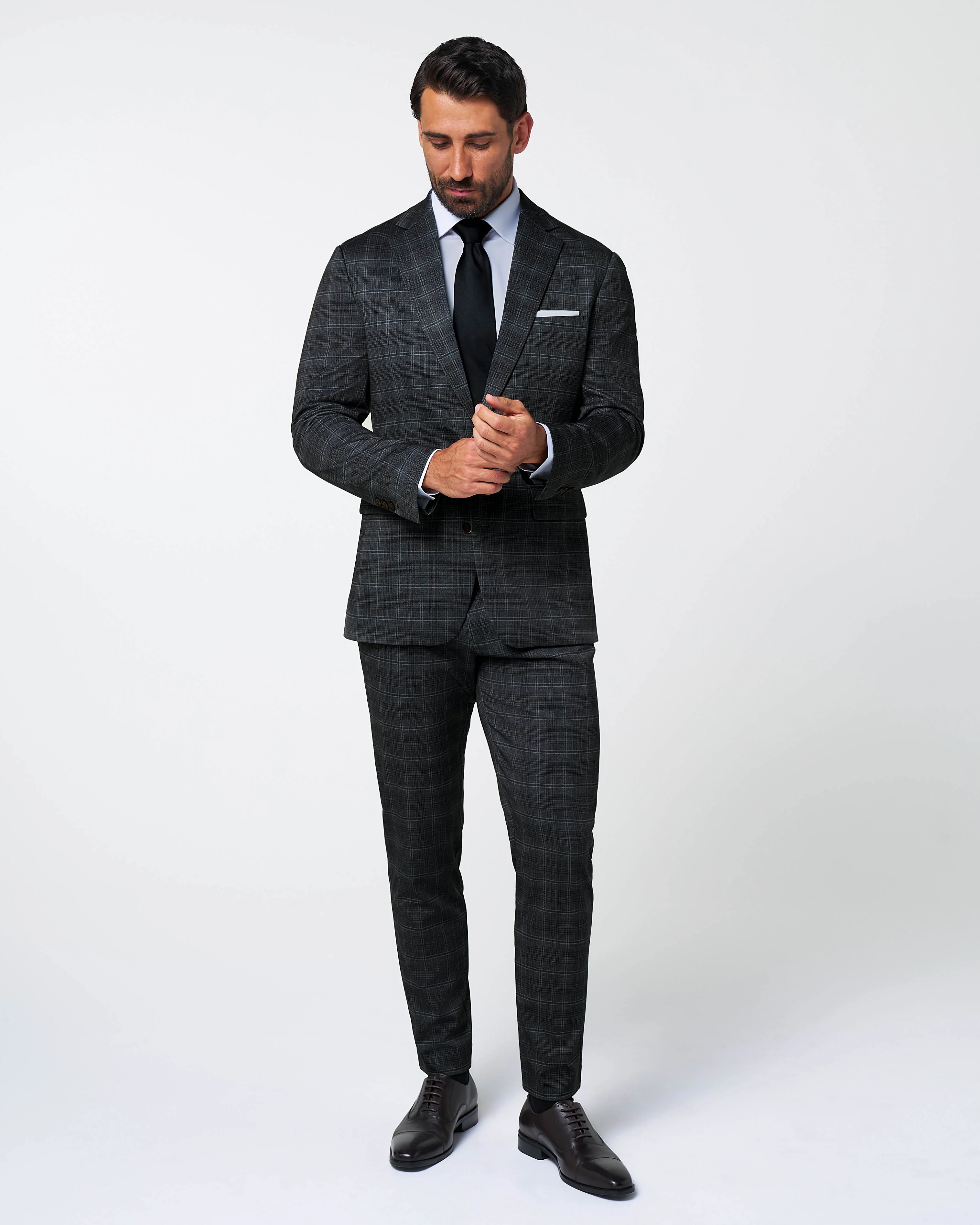Athletic Fit Stretch Suit - Stone Grey Plaid