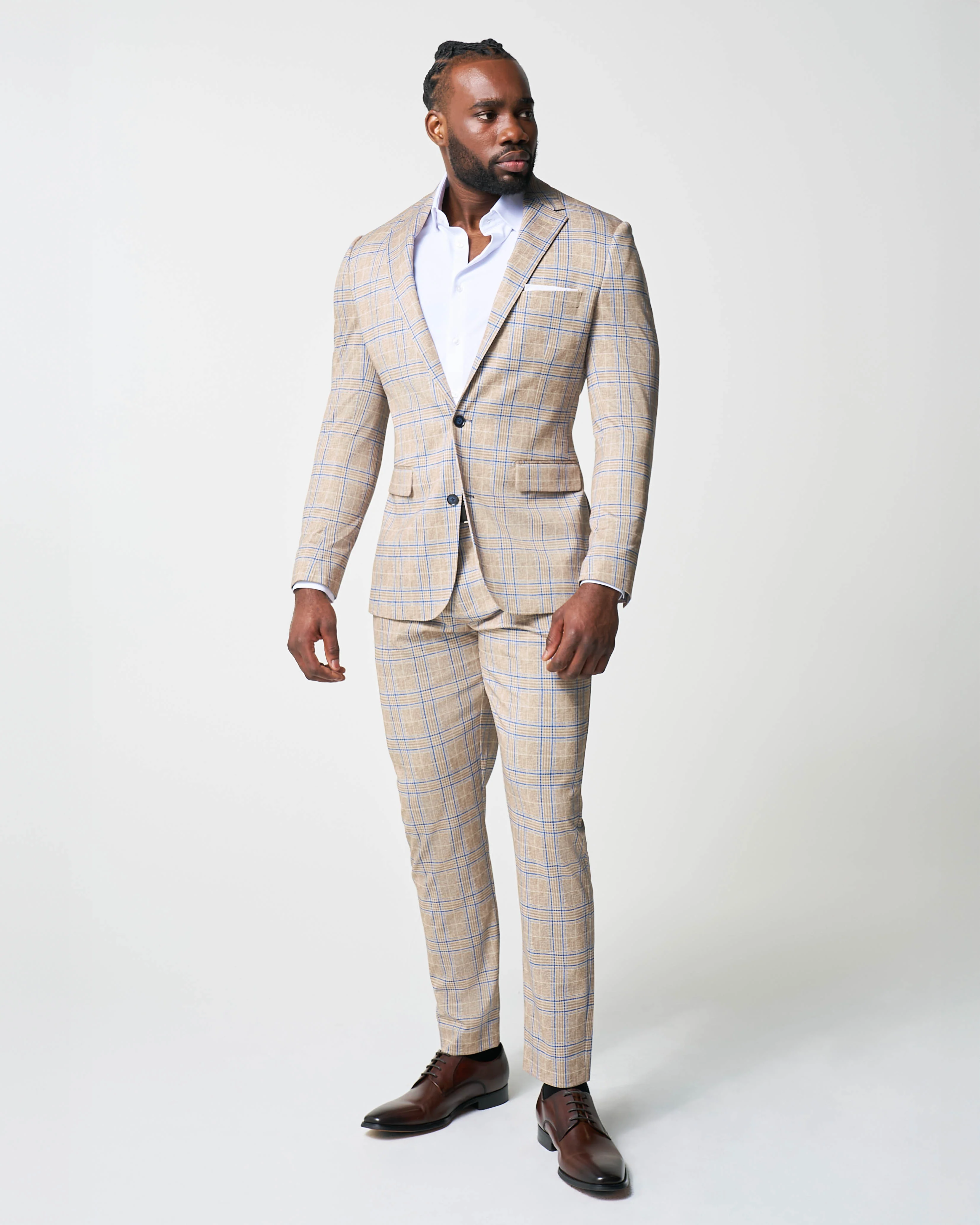 Athletic Fit Stretch Suit - Tan and Blue Plaid