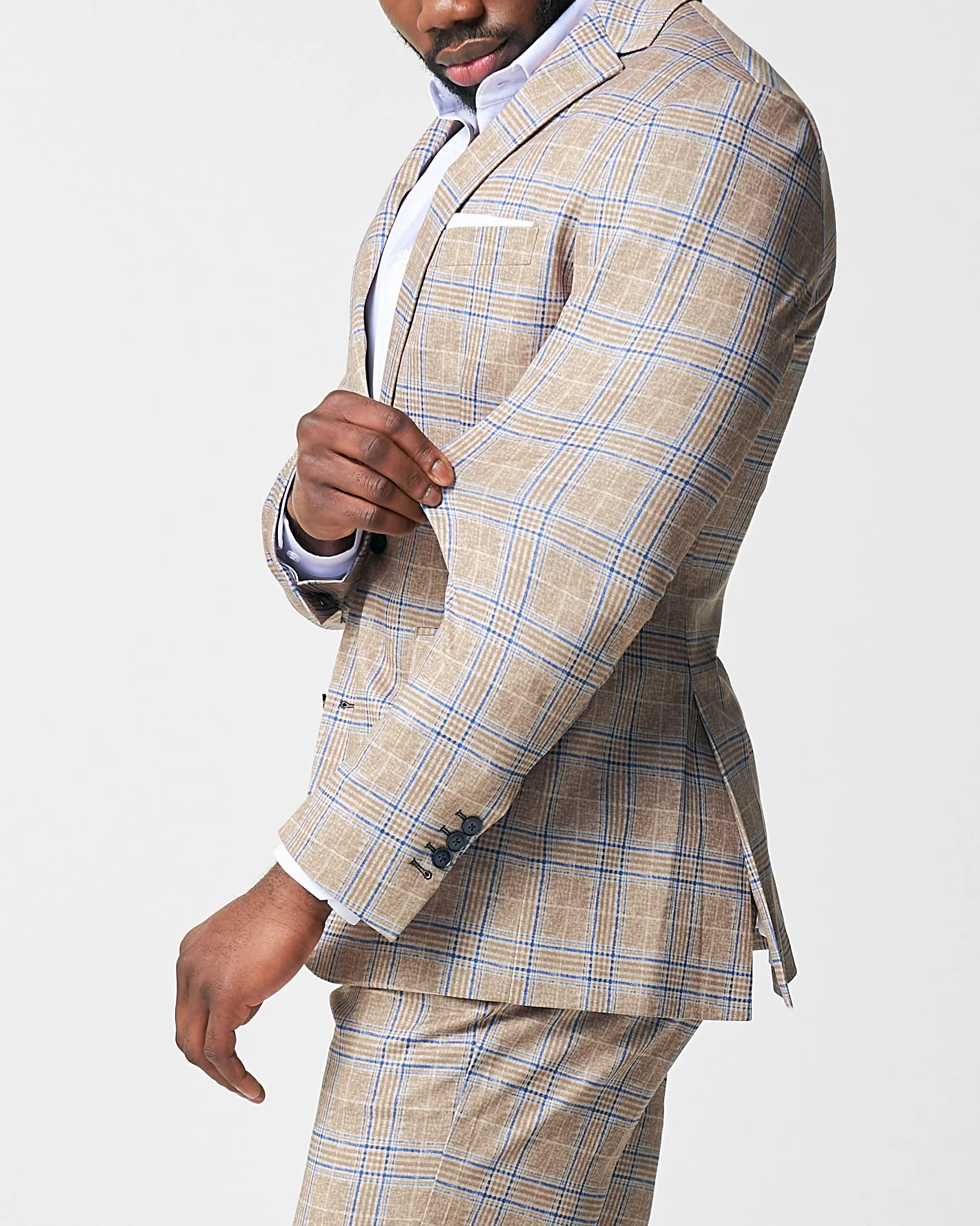 Athletic Fit Stretch Suit - Tan and Blue Plaid - Image 2