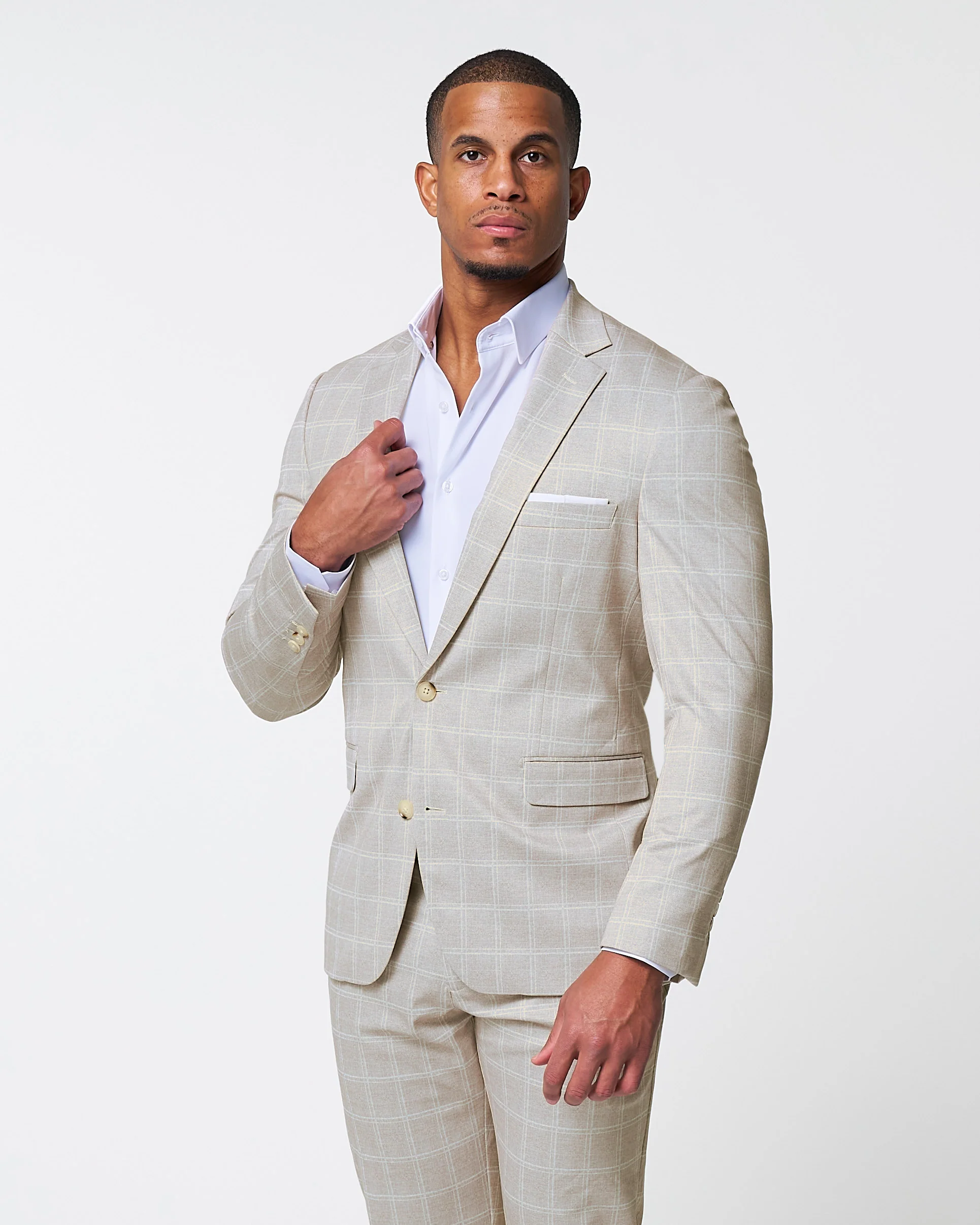 Athletic Fit Stretch Suit - Tan and White Windowpane Suit - Image 2