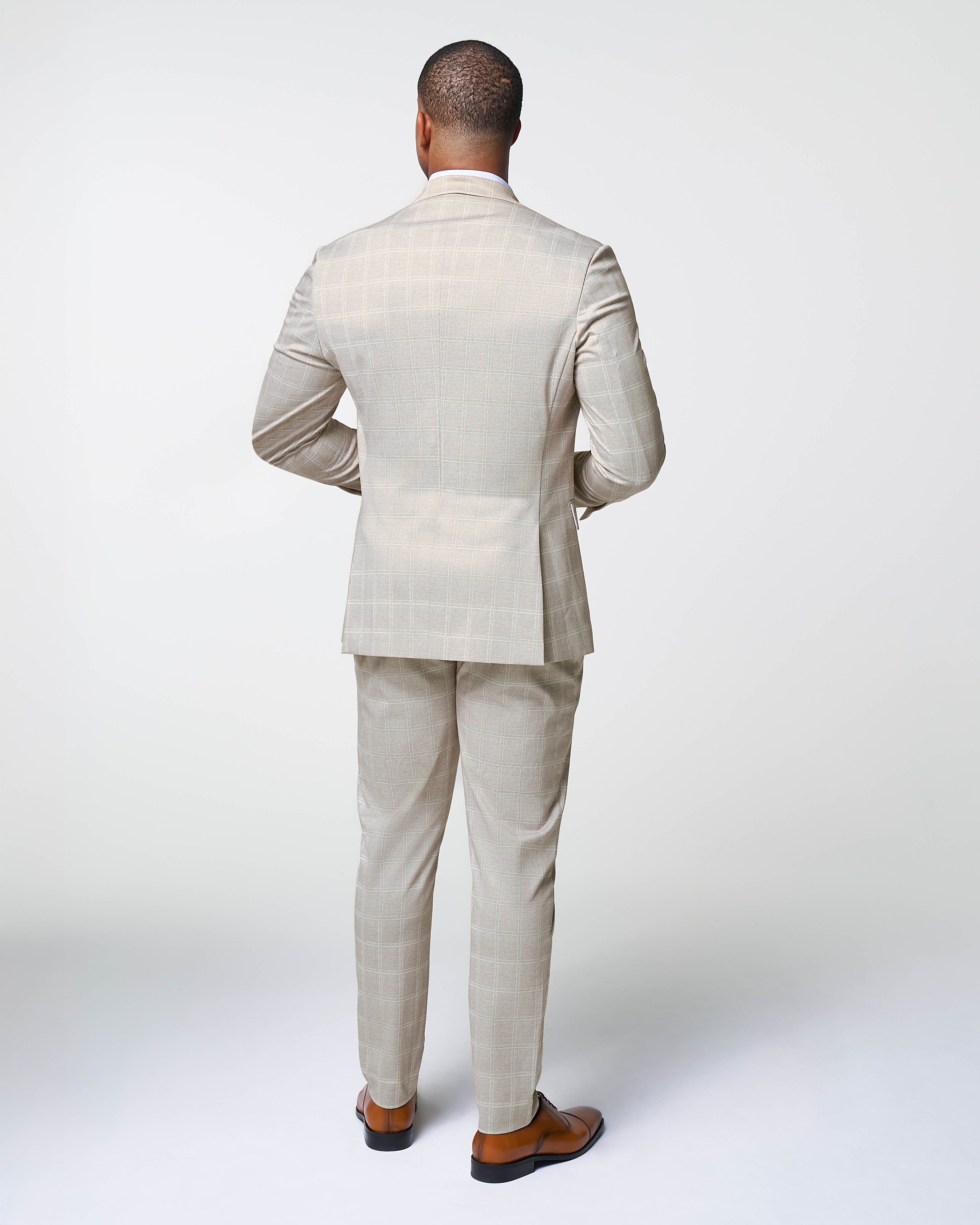 Athletic Fit Stretch Suit - Tan and White Windowpane Suit - Image 3