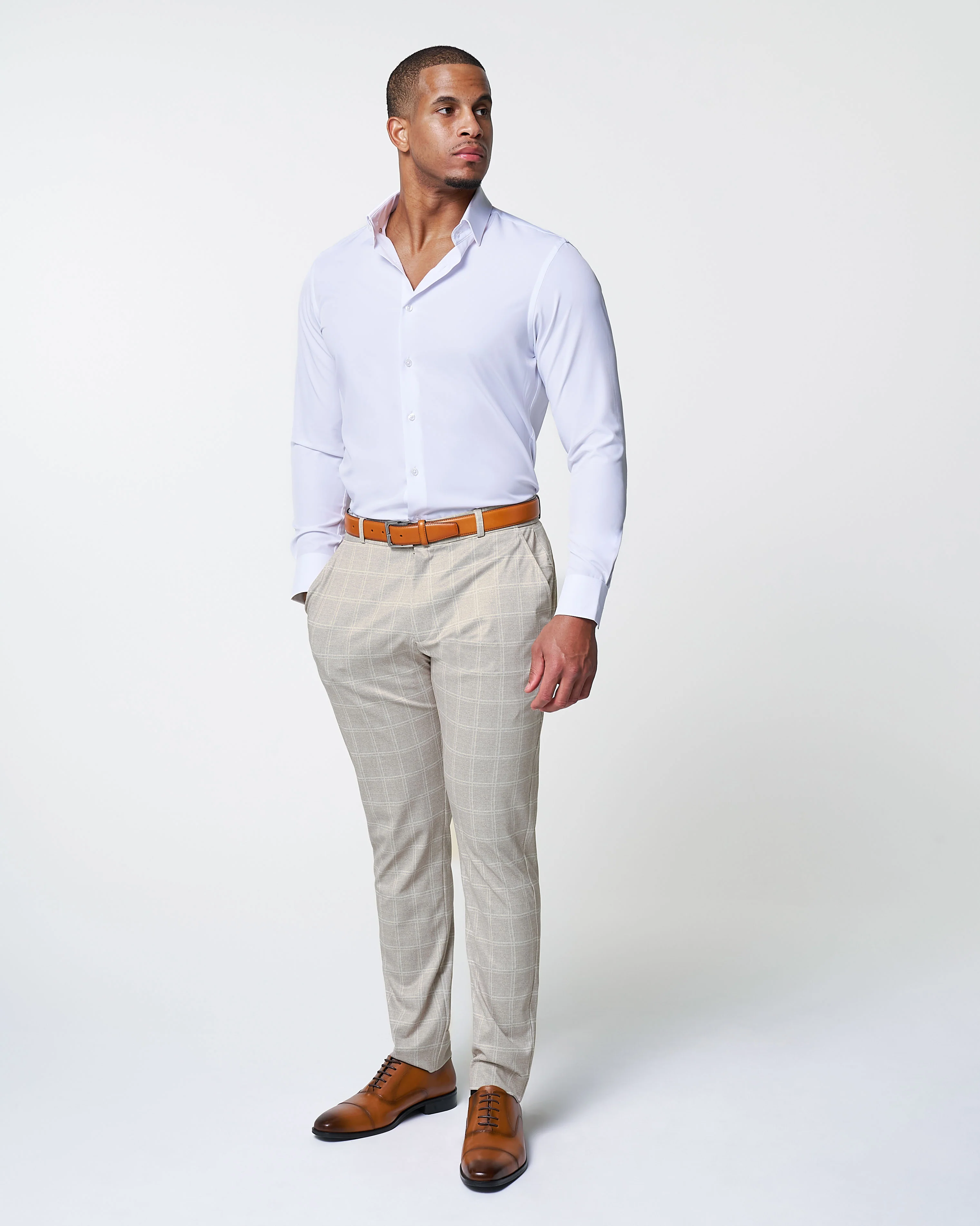 Athletic Fit Stretch Suit - Tan and White Windowpane Suit - Image 5