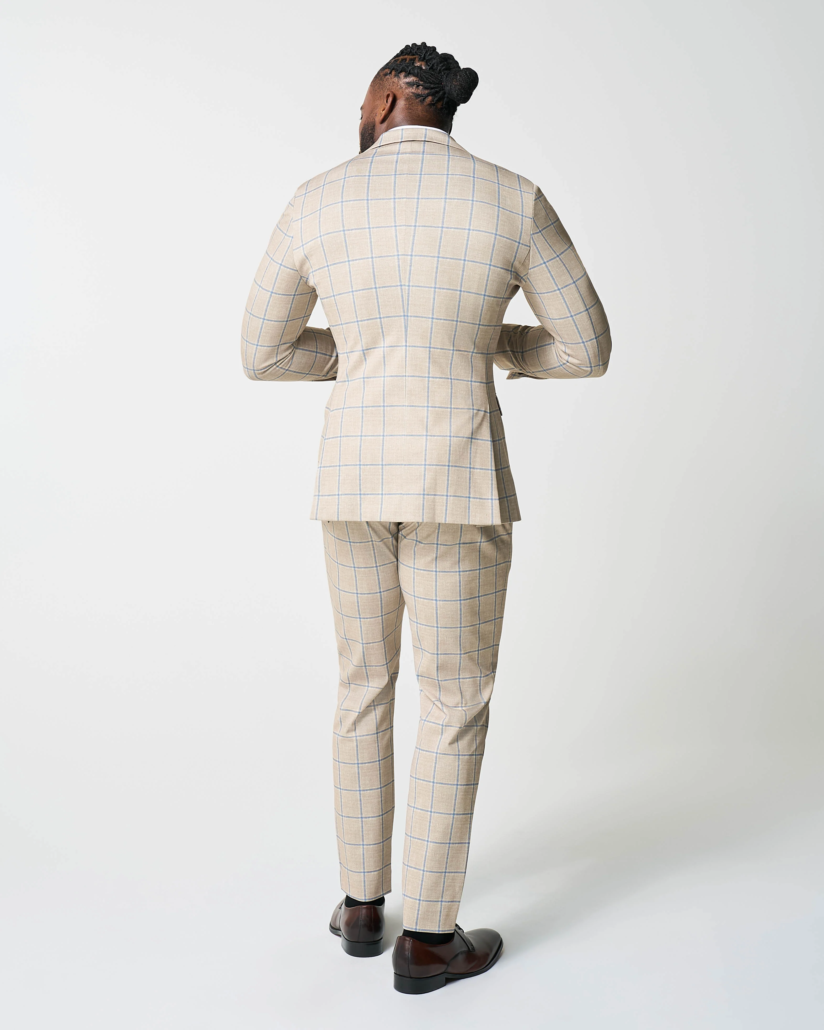 Athletic Fit Stretch Suit - Tan with Big Blue Windowpane - Image 4