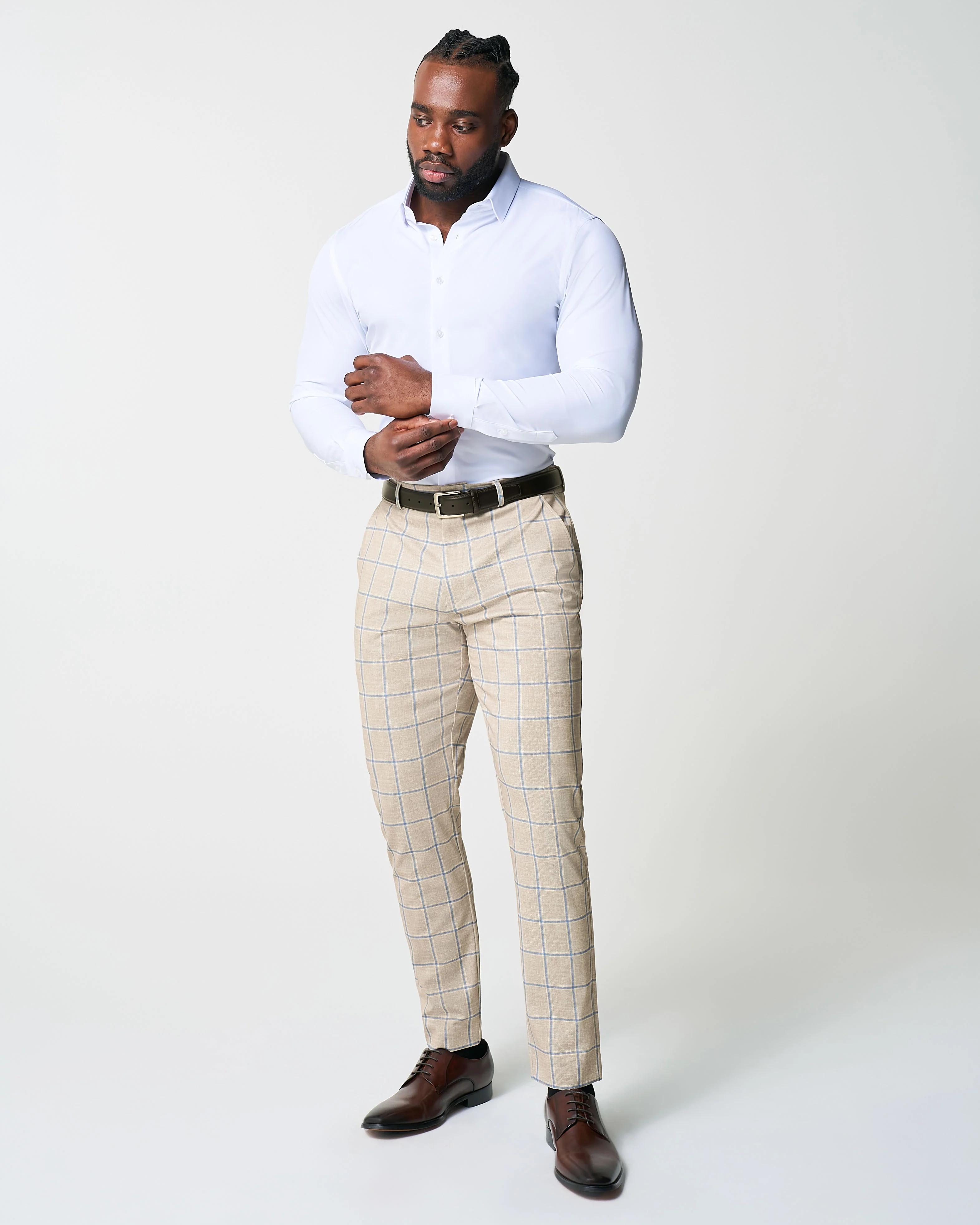 Athletic Fit Stretch Suit - Tan with Big Blue Windowpane - Image 5