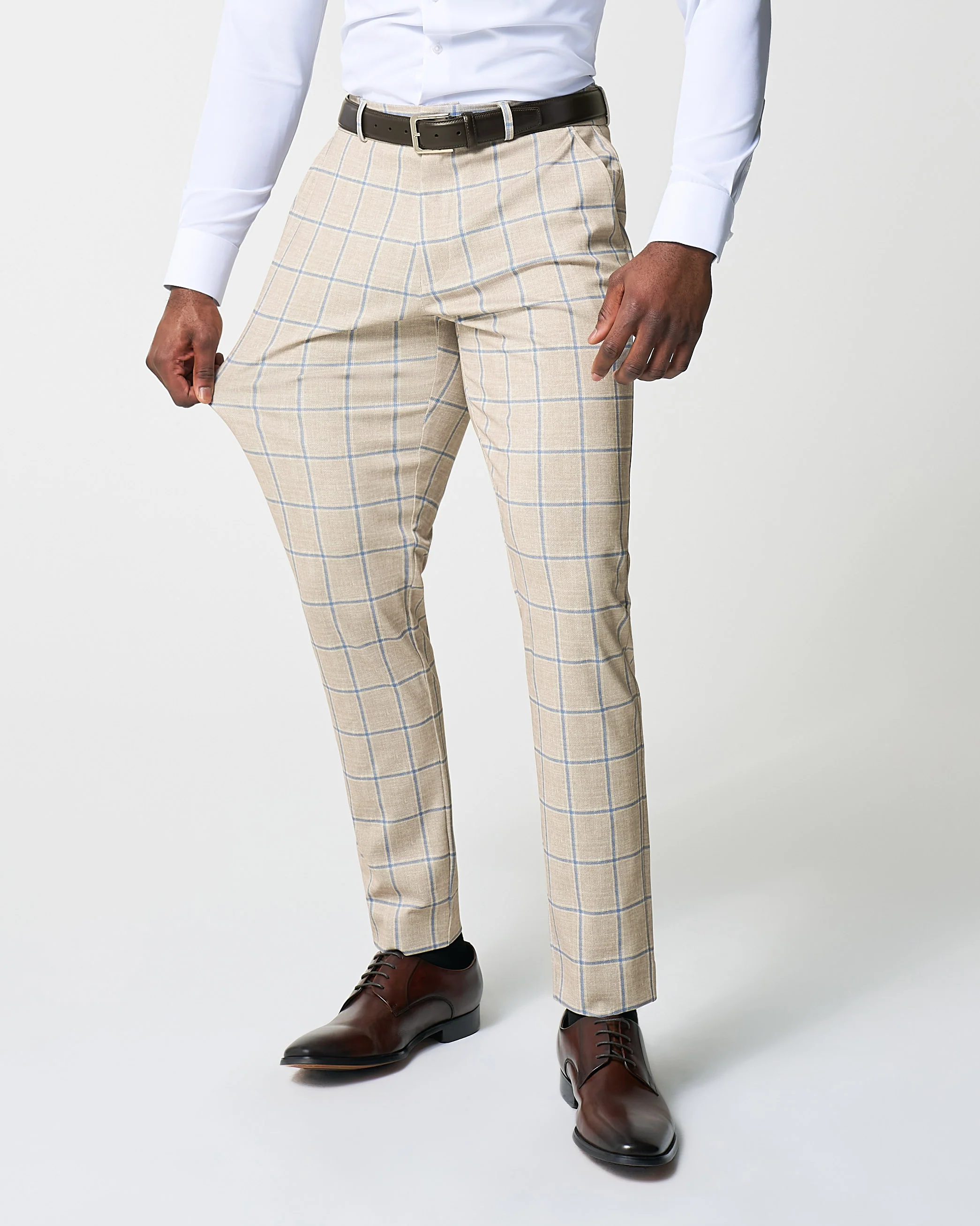 Athletic Fit Stretch Suit - Tan with Big Blue Windowpane - Image 6