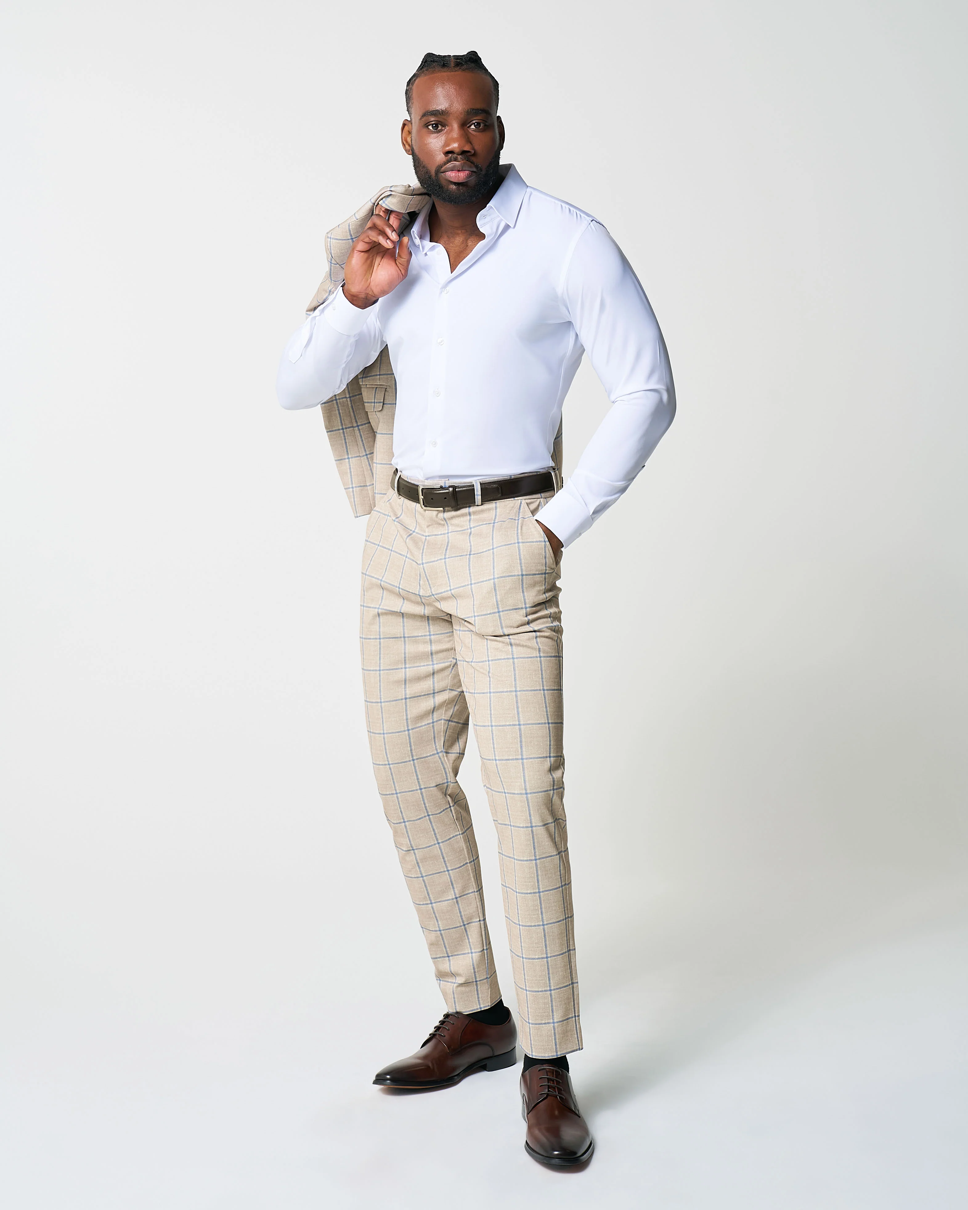 Athletic Fit Stretch Suit - Tan with Big Blue Windowpane - Image 7