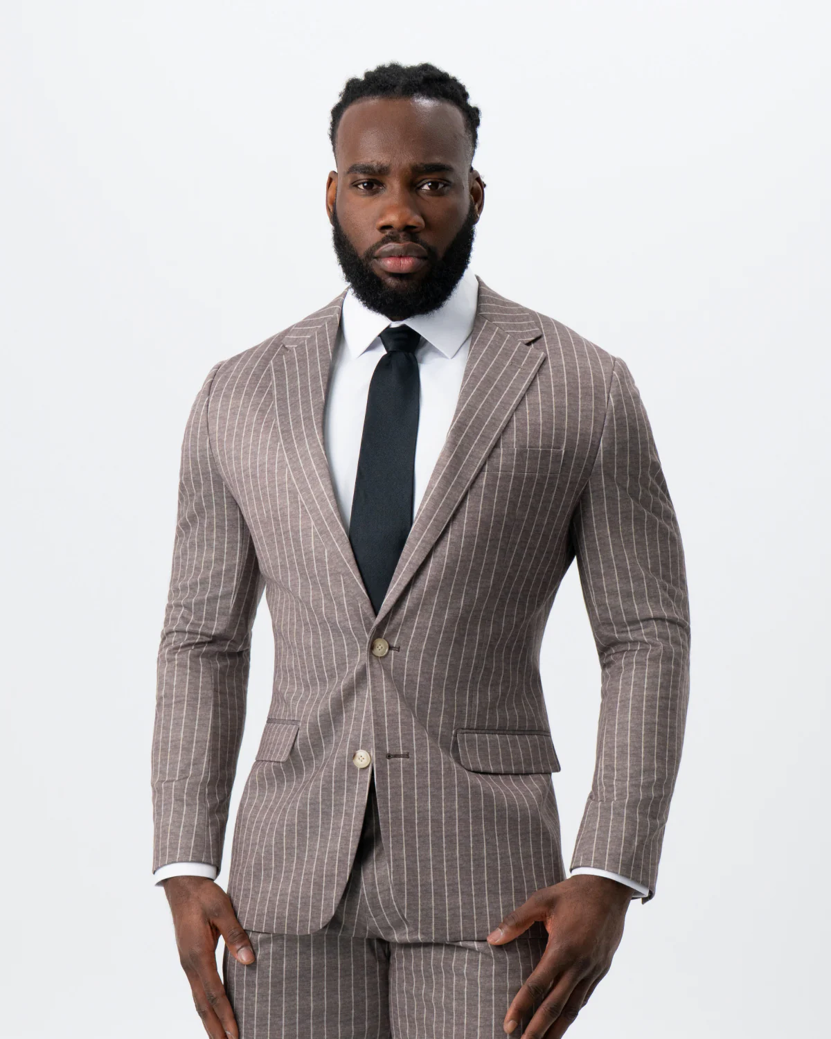 Athletic Fit Stretch Suit - Textured Light Brown with Cream Stripe - Image 4