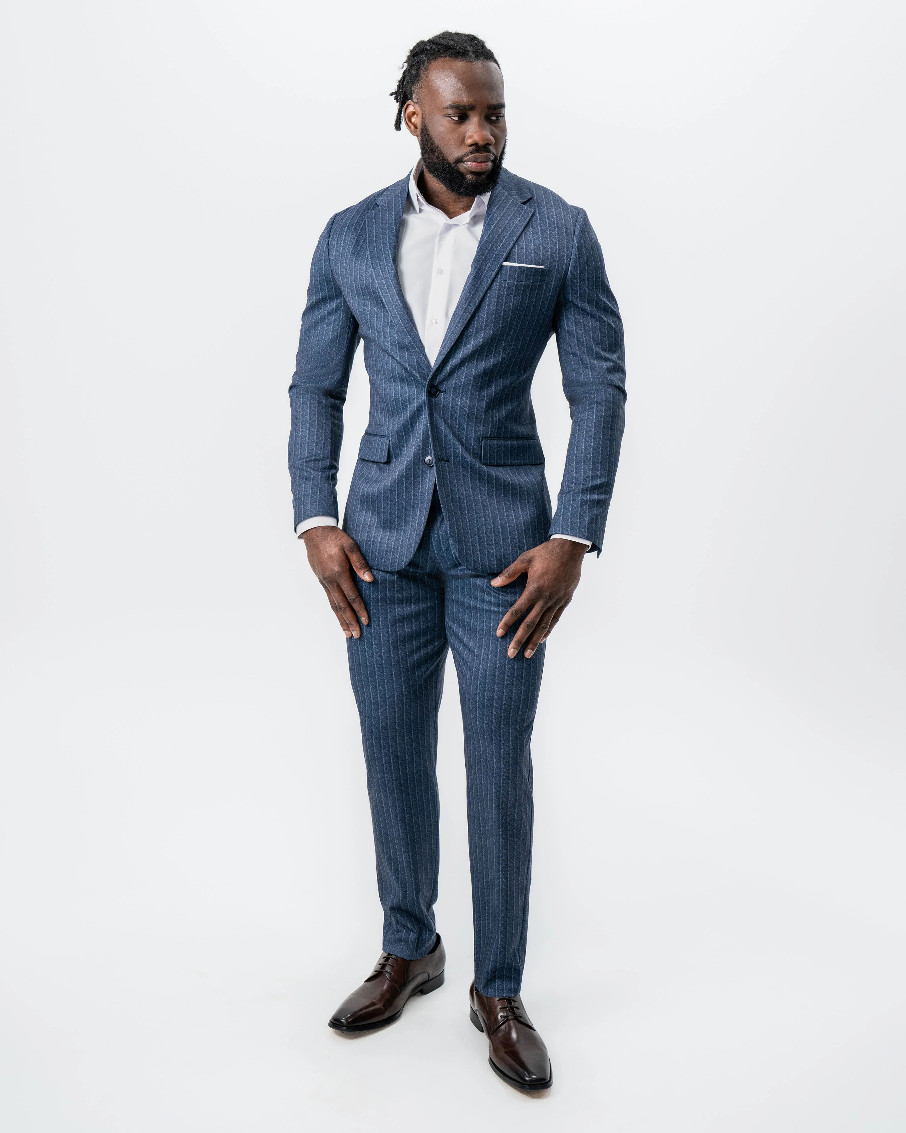 Athletic Fit Stretch Suit - Textured Navy Chalk Stripe