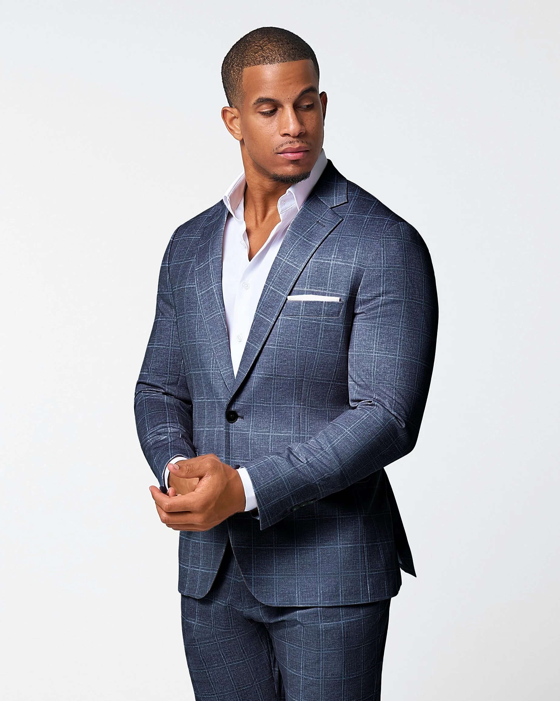 Athletic Fit Stretch Suit - Textured Navy with White Windowpane - Image 4