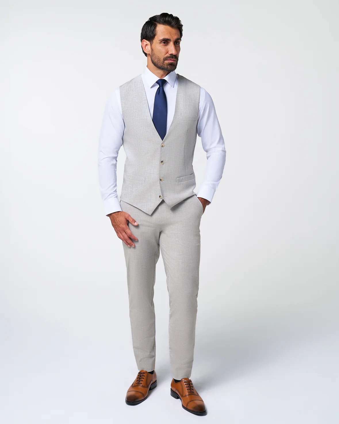 Athletic Fit Stretch Suit Vest - Lightweight Heathered Light Grey - Image 4