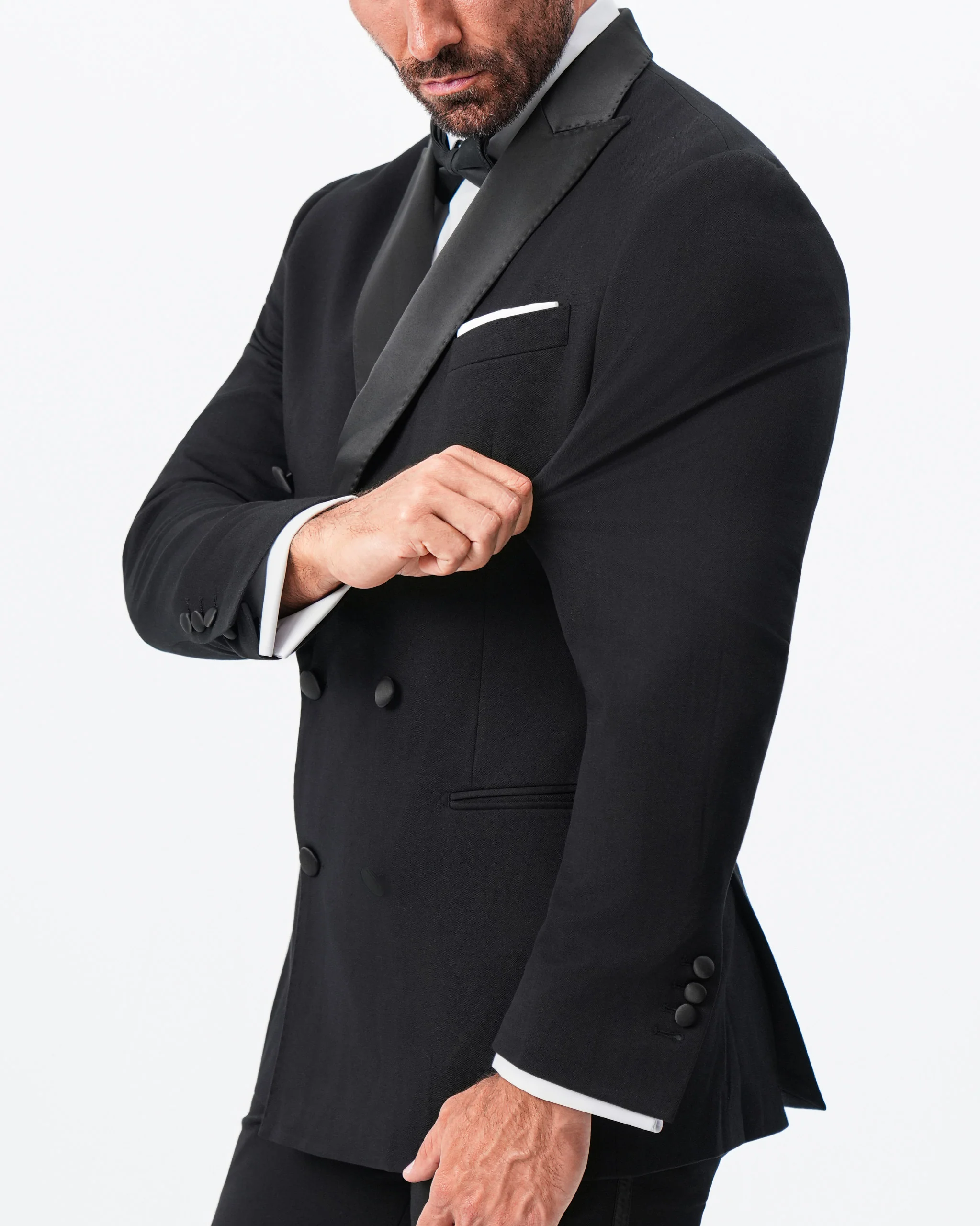 Athletic Fit Stretch Tuxedo Jacket - Double Breasted Solid Black with Peak Lapel - Image 2