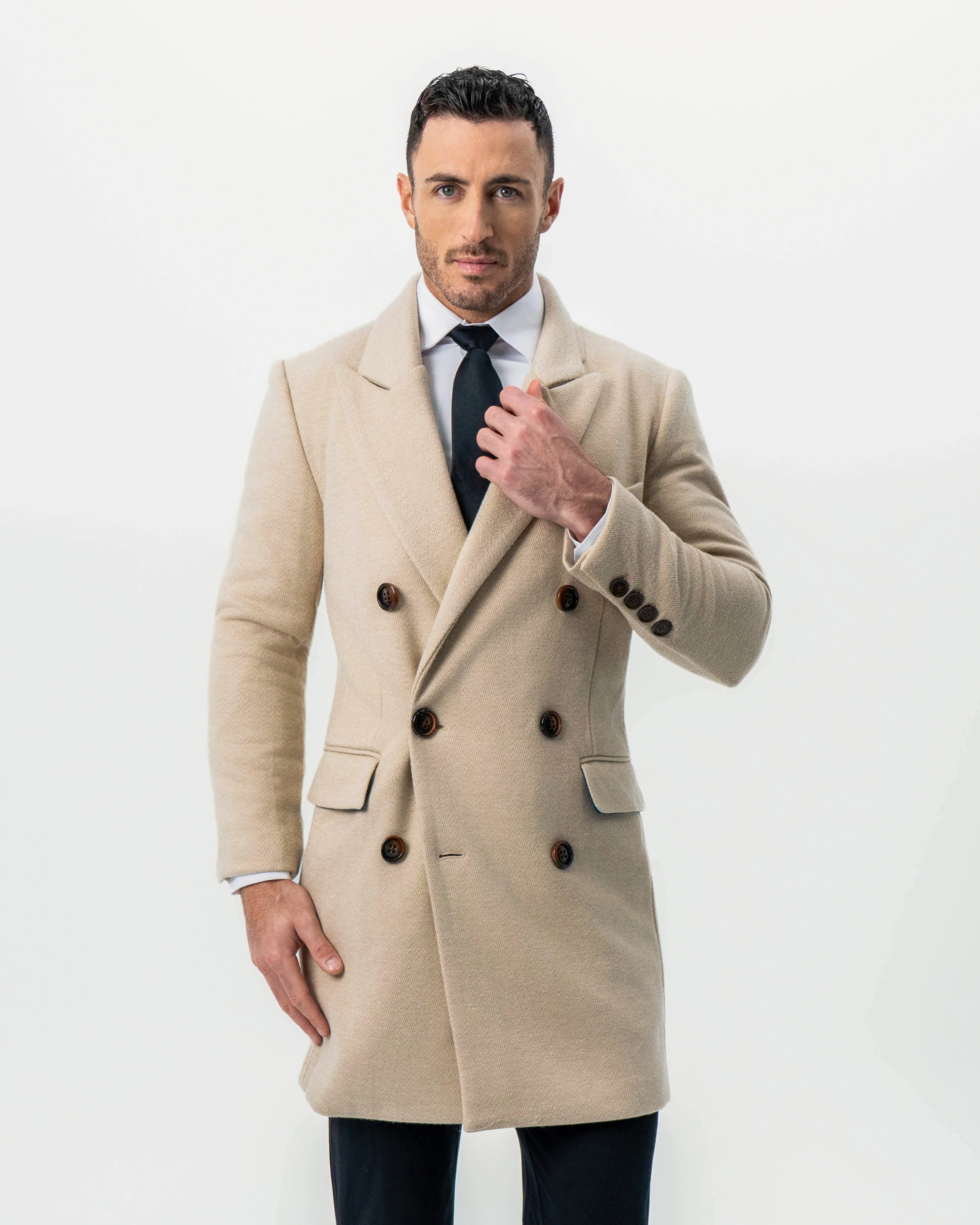 Double Breasted Overcoat - Tan Herringbone - Image 3