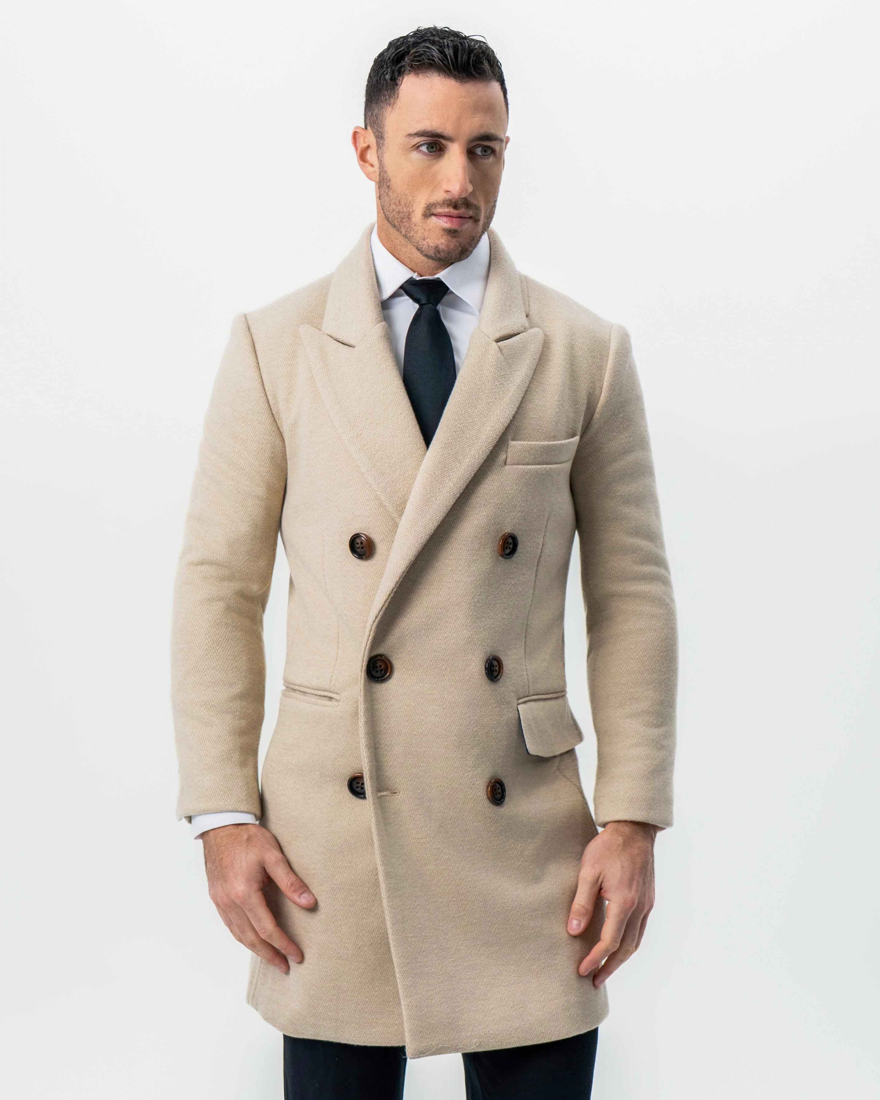Double Breasted Overcoat - Tan Herringbone - Image 4
