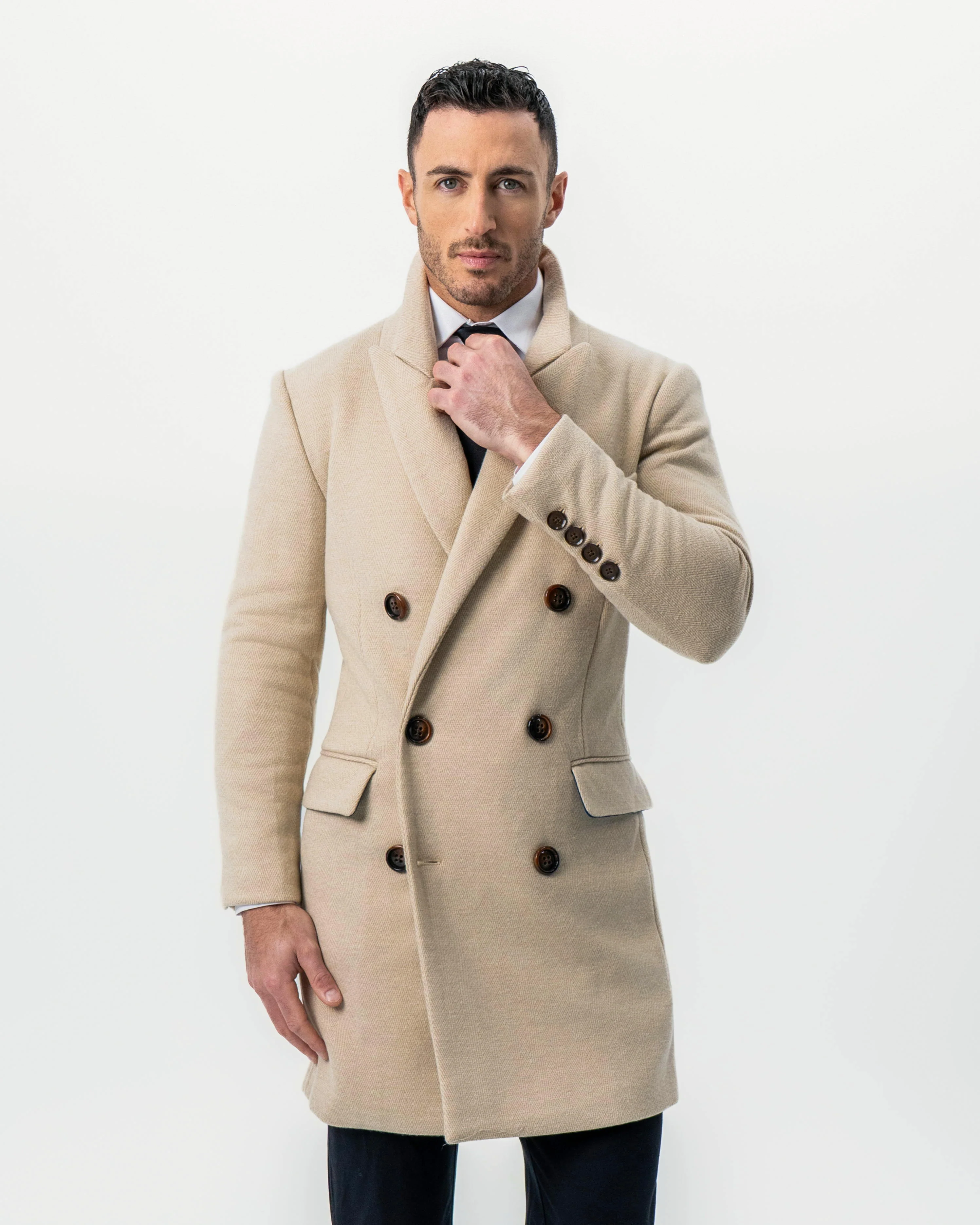 Double Breasted Overcoat - Tan Herringbone - Image 5