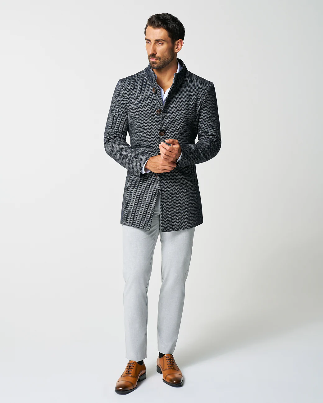 Open Button Overcoat - Navy & Grey Chevron - Image 2