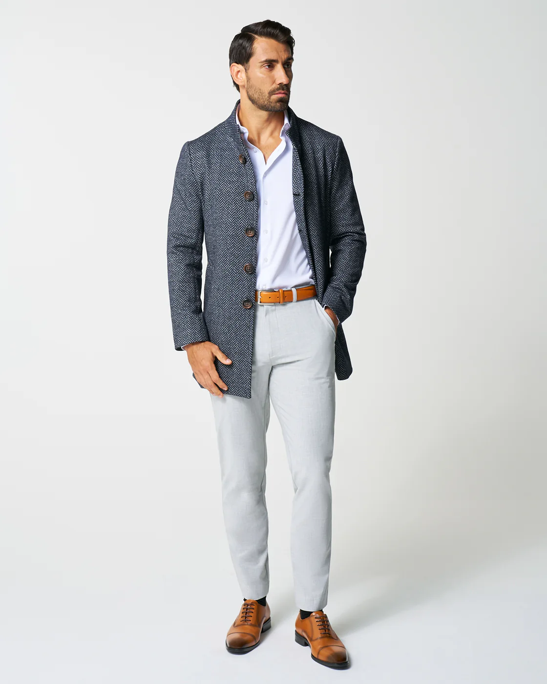 Open Button Overcoat - Navy & Grey Chevron - Image 4