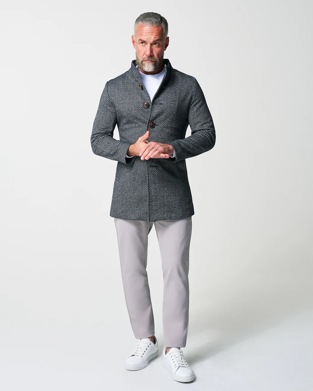 Open Button Overcoat - Navy & Grey Chevron - Image 7