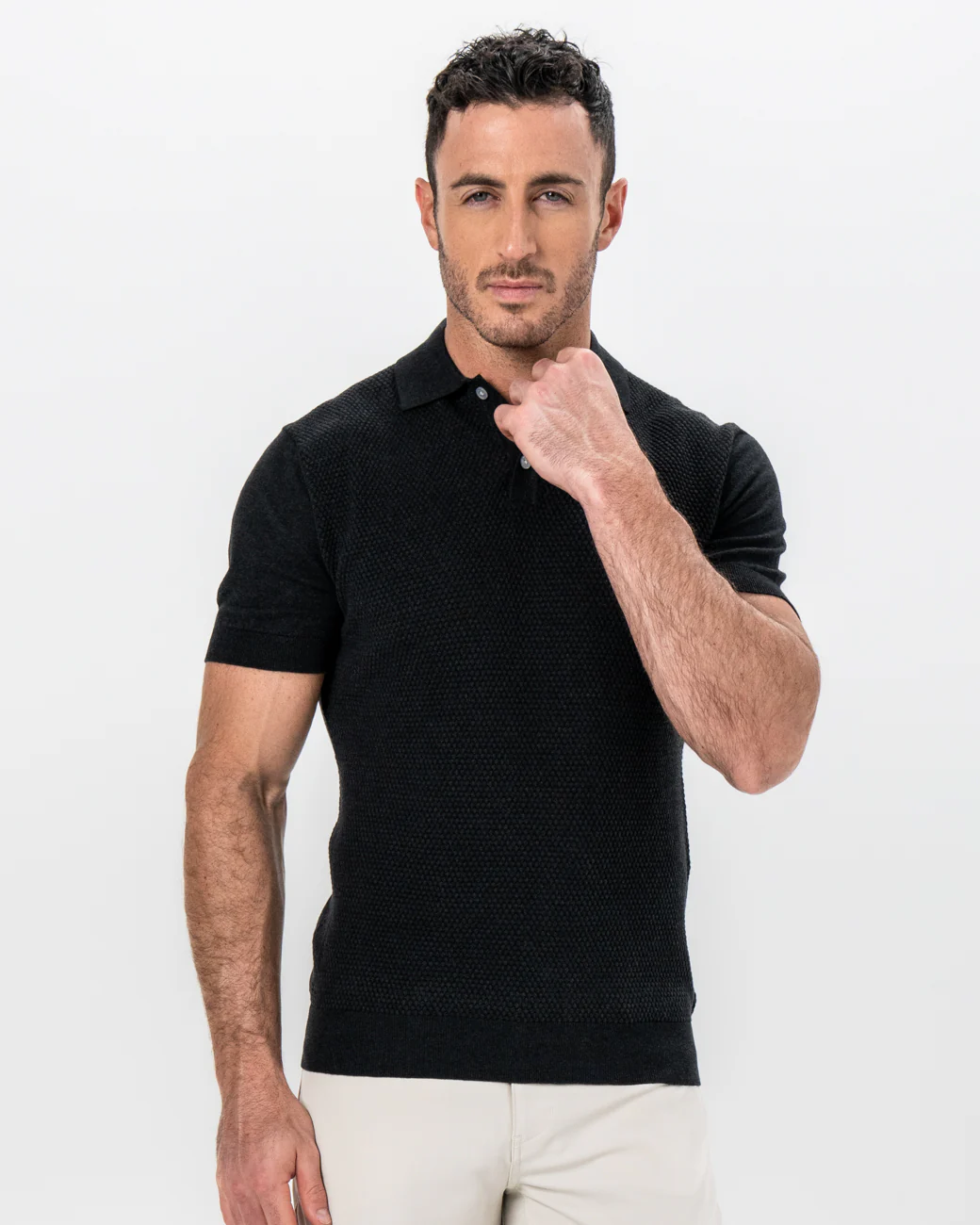 Textured Knit Cashmere Polo - Charcoal - Image 3