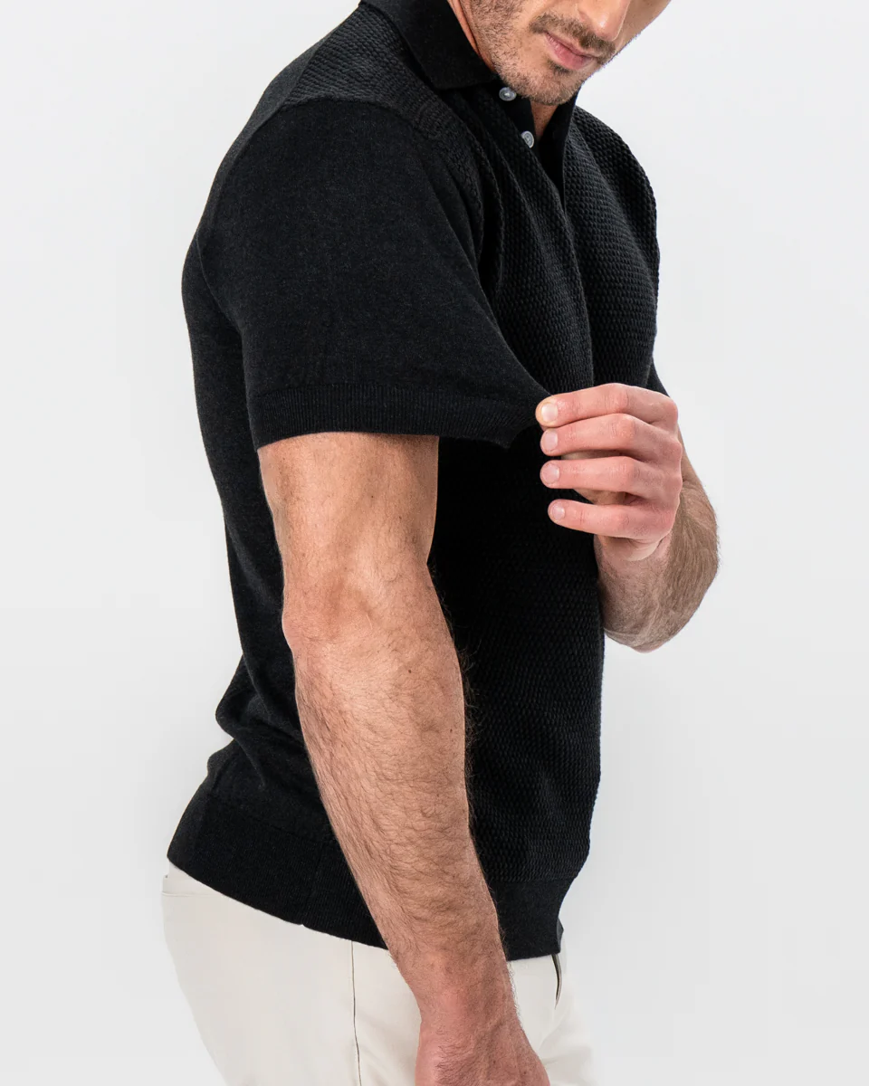 Textured Knit Cashmere Polo - Charcoal - Image 4