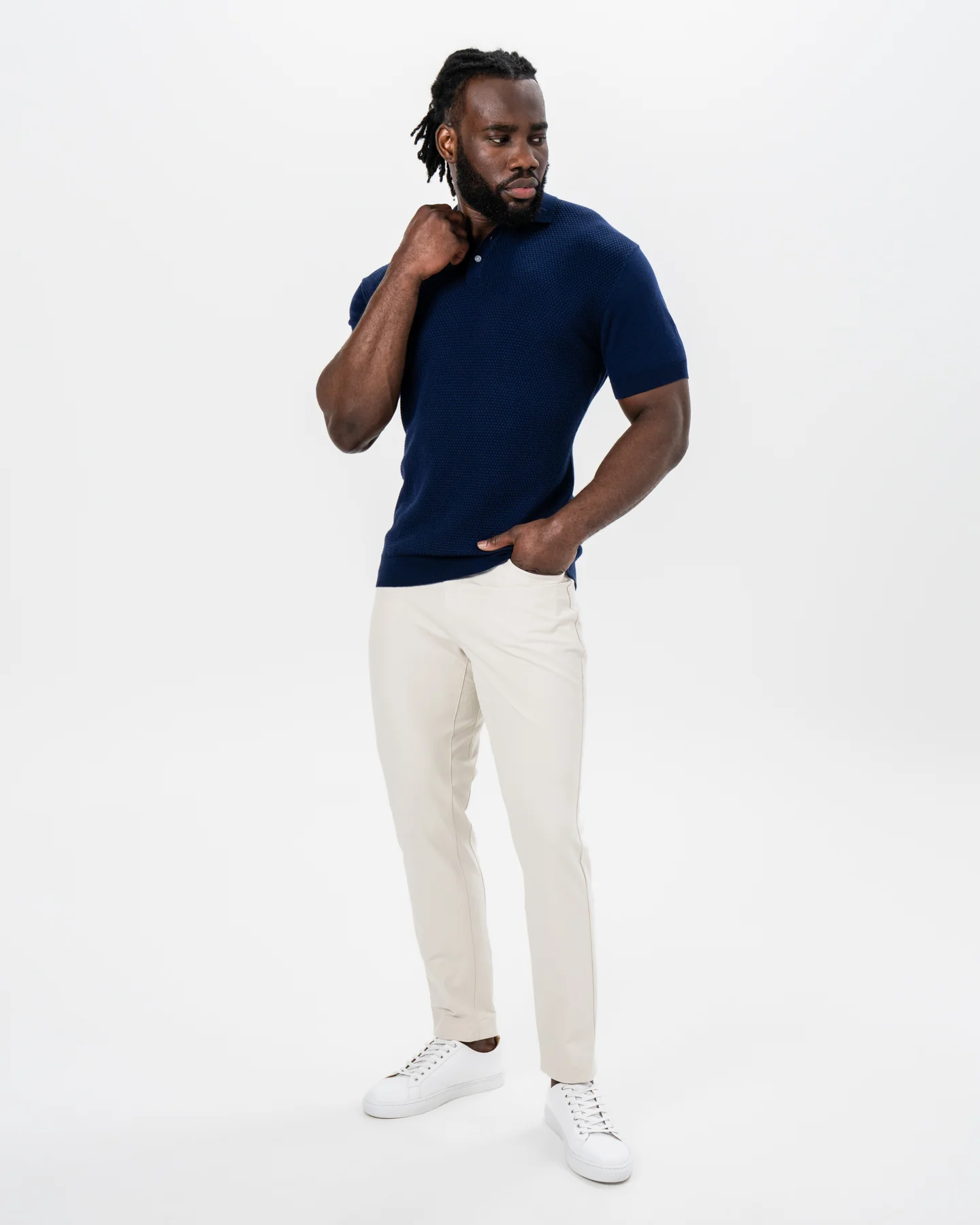Textured Knit Cashmere Polo - Navy - Image 3