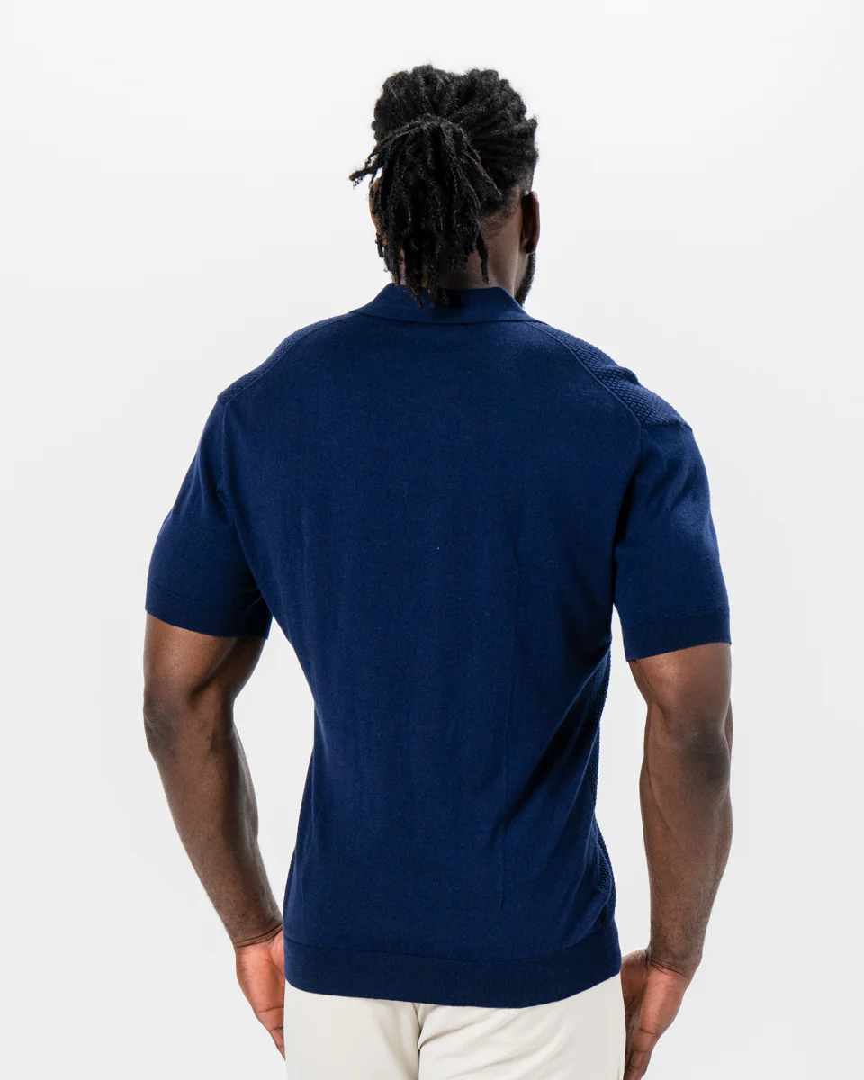 Textured Knit Cashmere Polo - Navy - Image 4