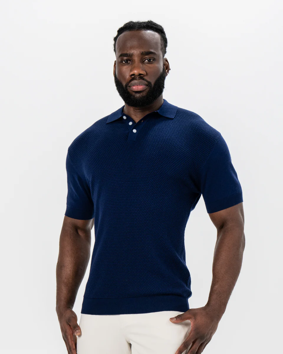 Textured Knit Cashmere Polo - Navy - Image 5