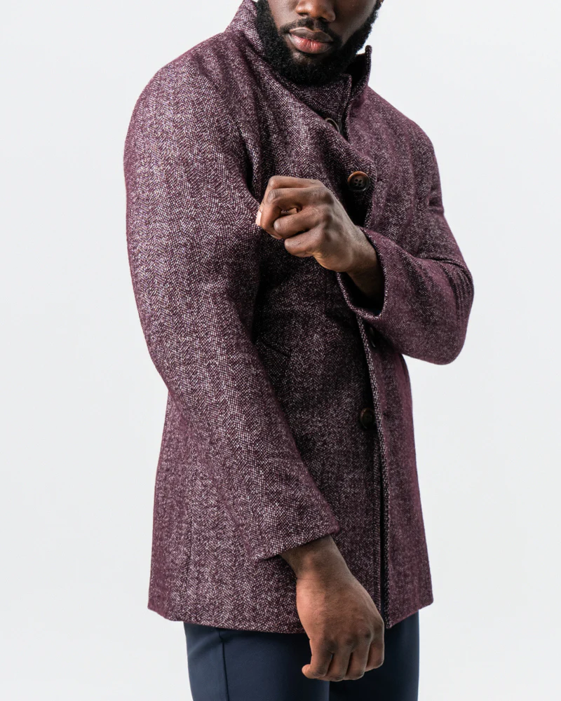 Maroon Herringbone Open Button Overcoat - Image 2