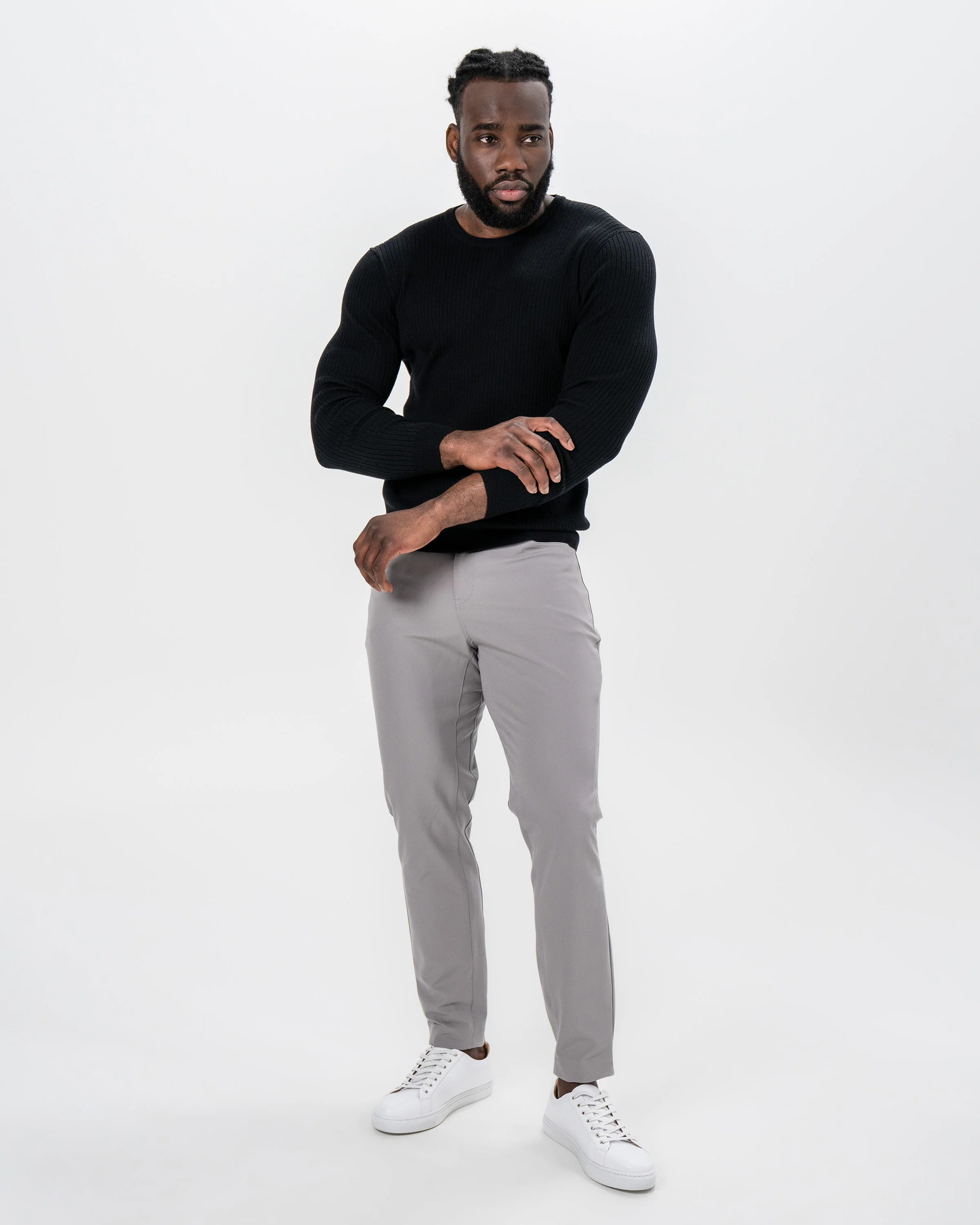 Mid-Weight Ribbed Knit Crewneck Sweater - Black - Image 5