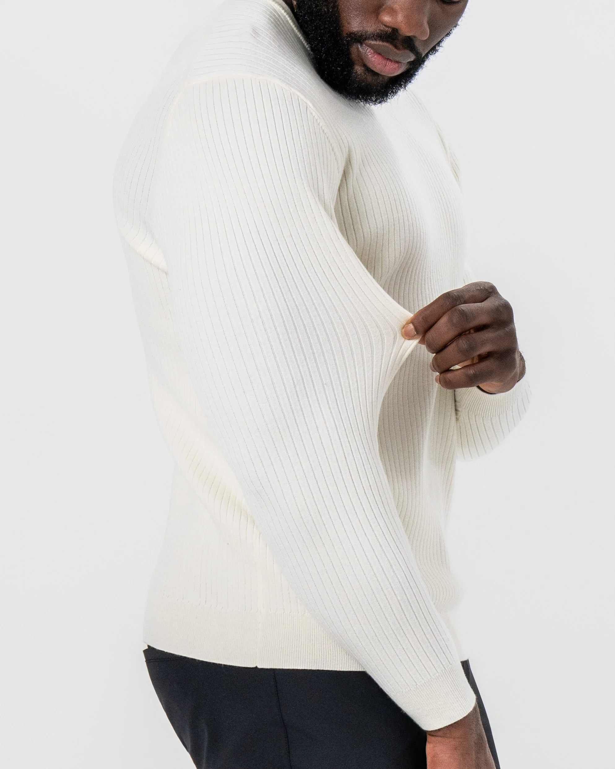 Mid-Weight Ribbed Knit Crewneck Sweater - Cream - Image 2