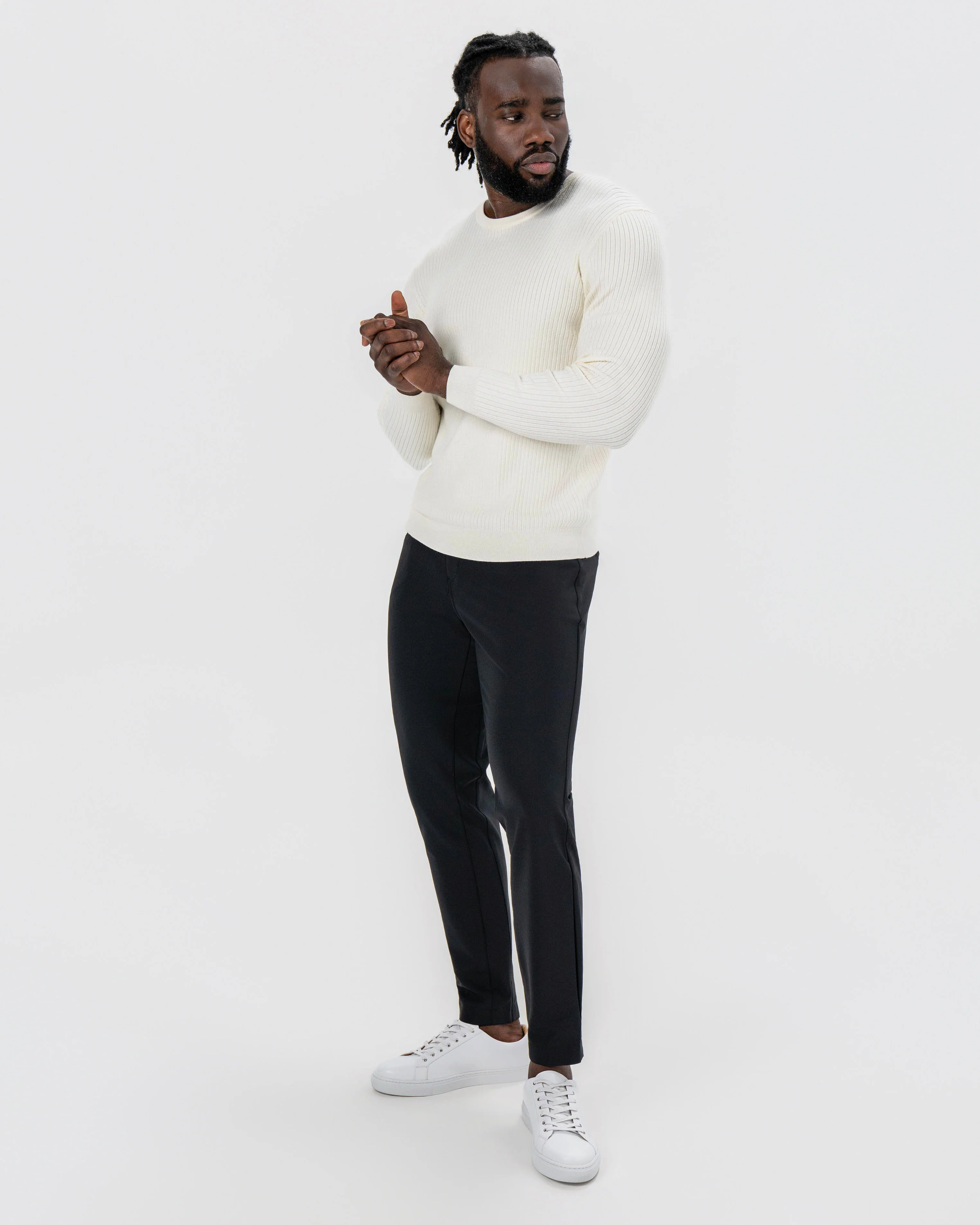 Mid-Weight Ribbed Knit Crewneck Sweater - Cream - Image 3