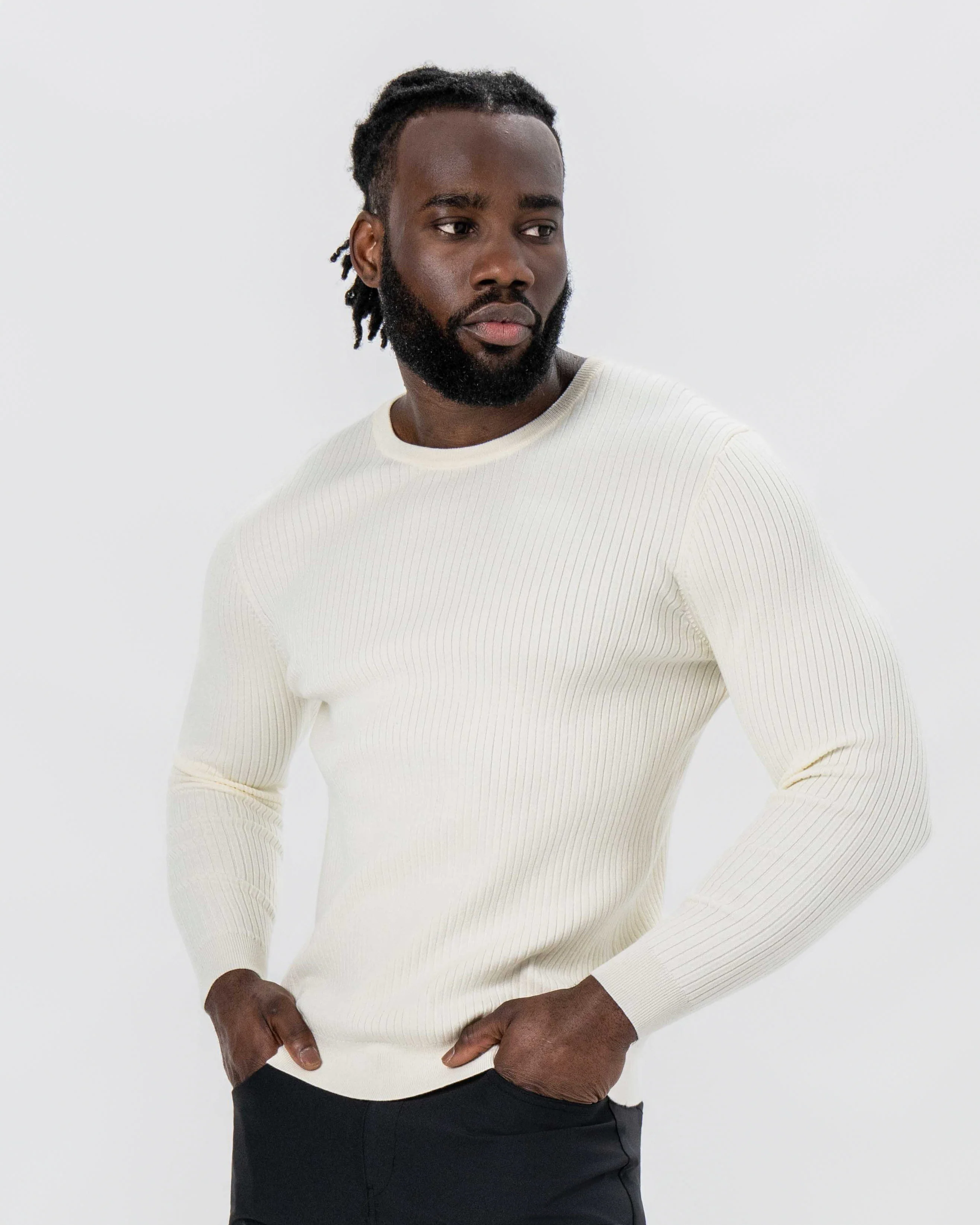Mid-Weight Ribbed Knit Crewneck Sweater - Cream - Image 5
