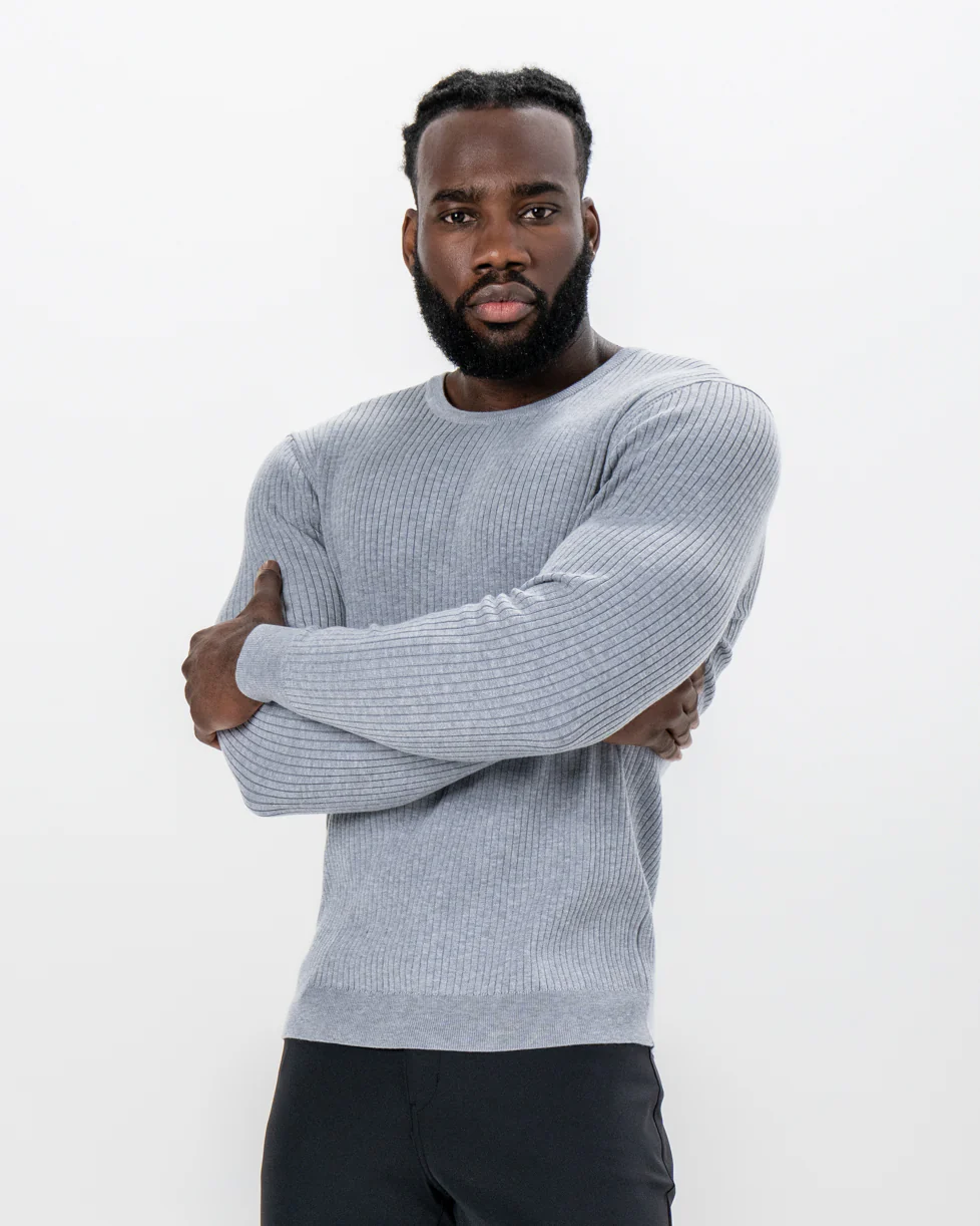 Mid-Weight Ribbed Knit Crewneck Sweater - Light Grey - Image 3