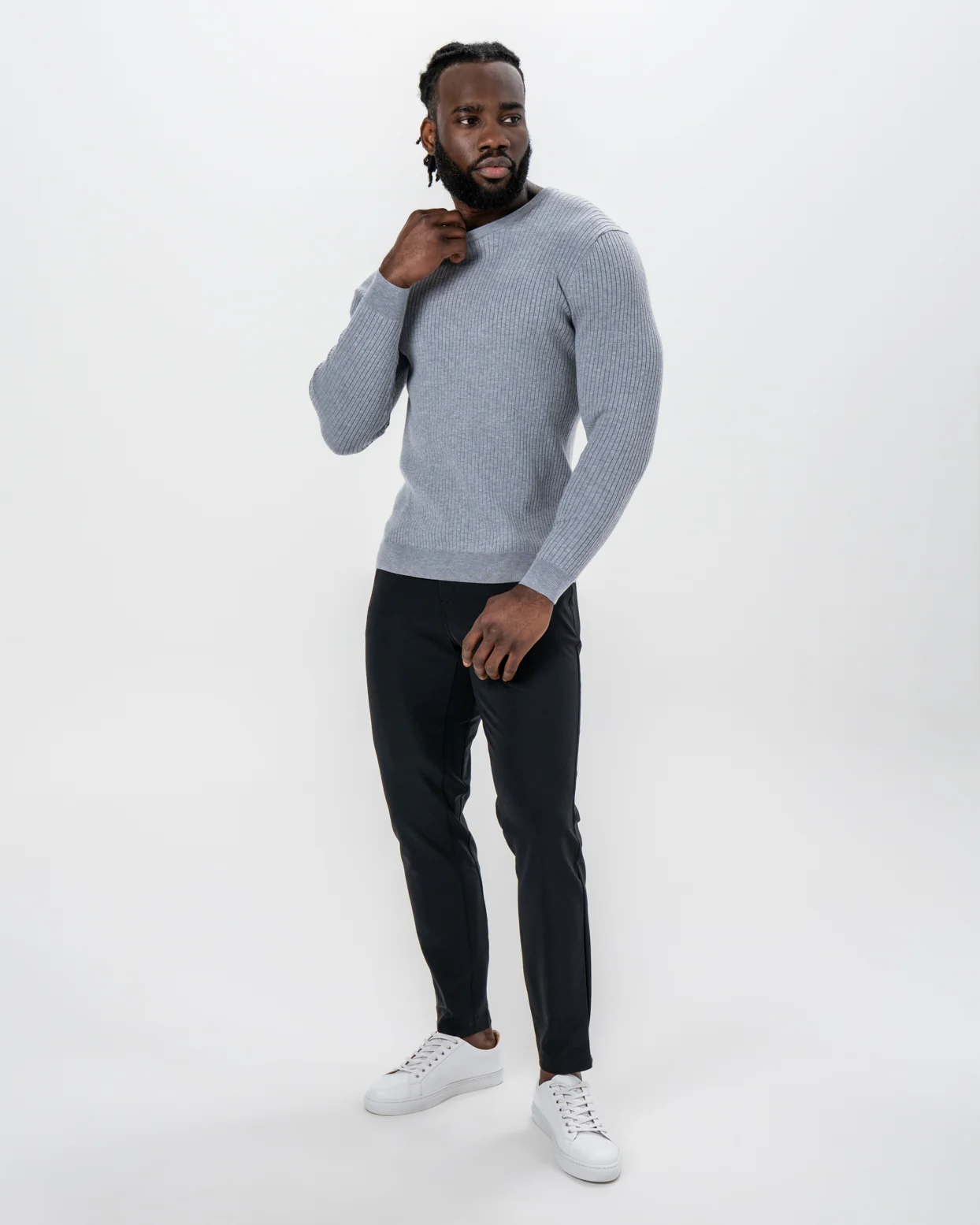 Mid-Weight Ribbed Knit Crewneck Sweater - Light Grey - Image 5