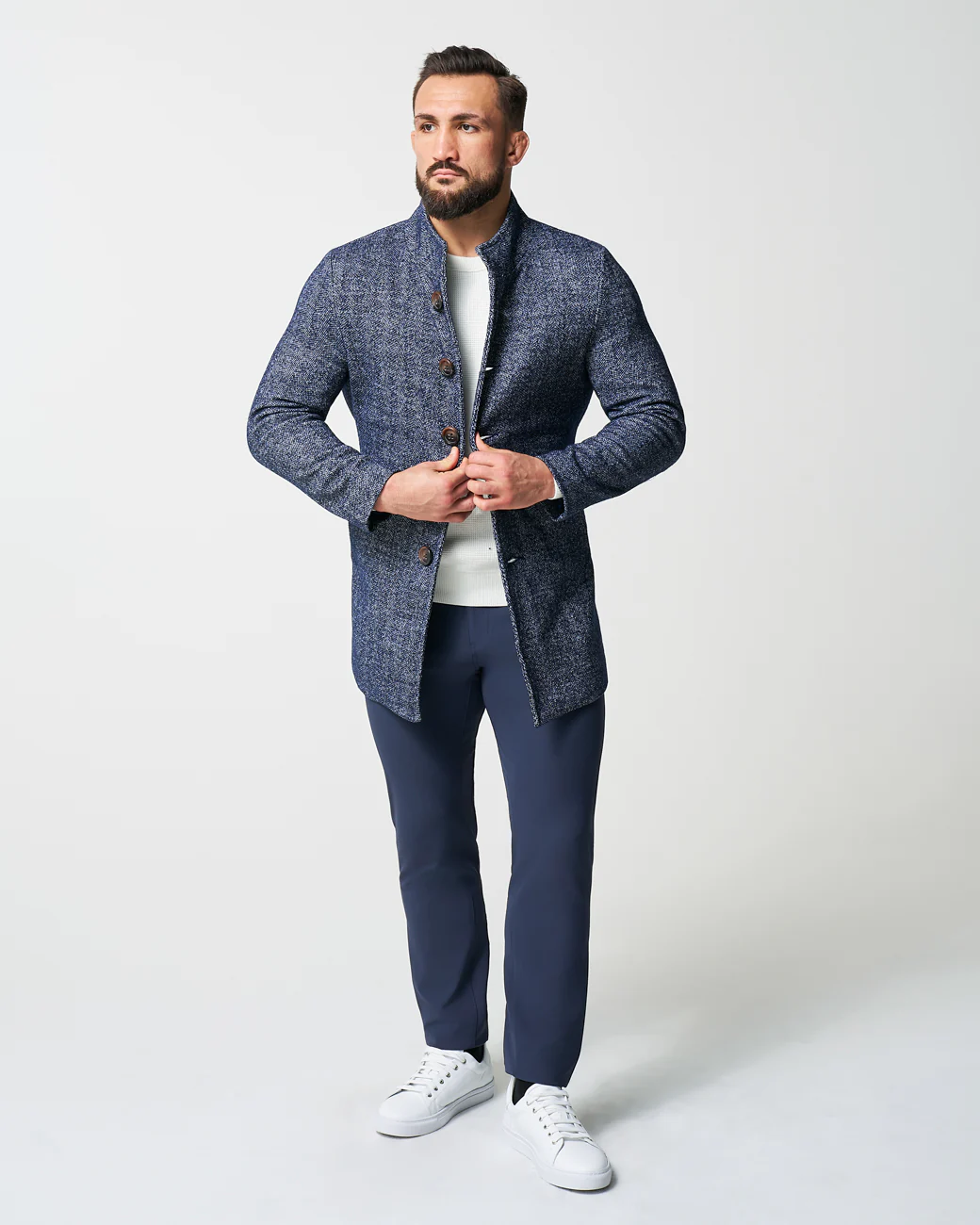 Open Button Overcoat - Navy Herringbone - Image 5