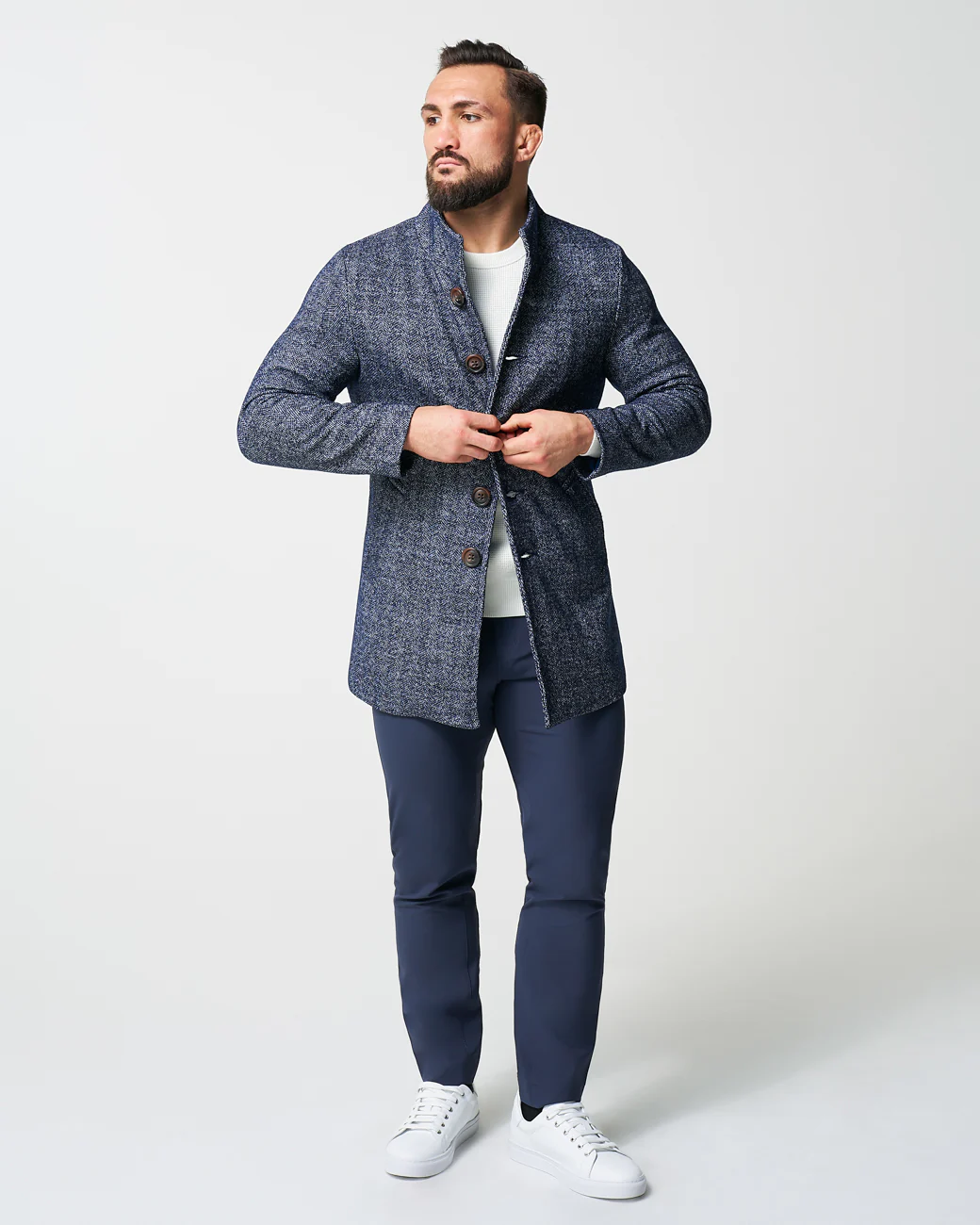 Open Button Overcoat - Navy Herringbone - Image 7