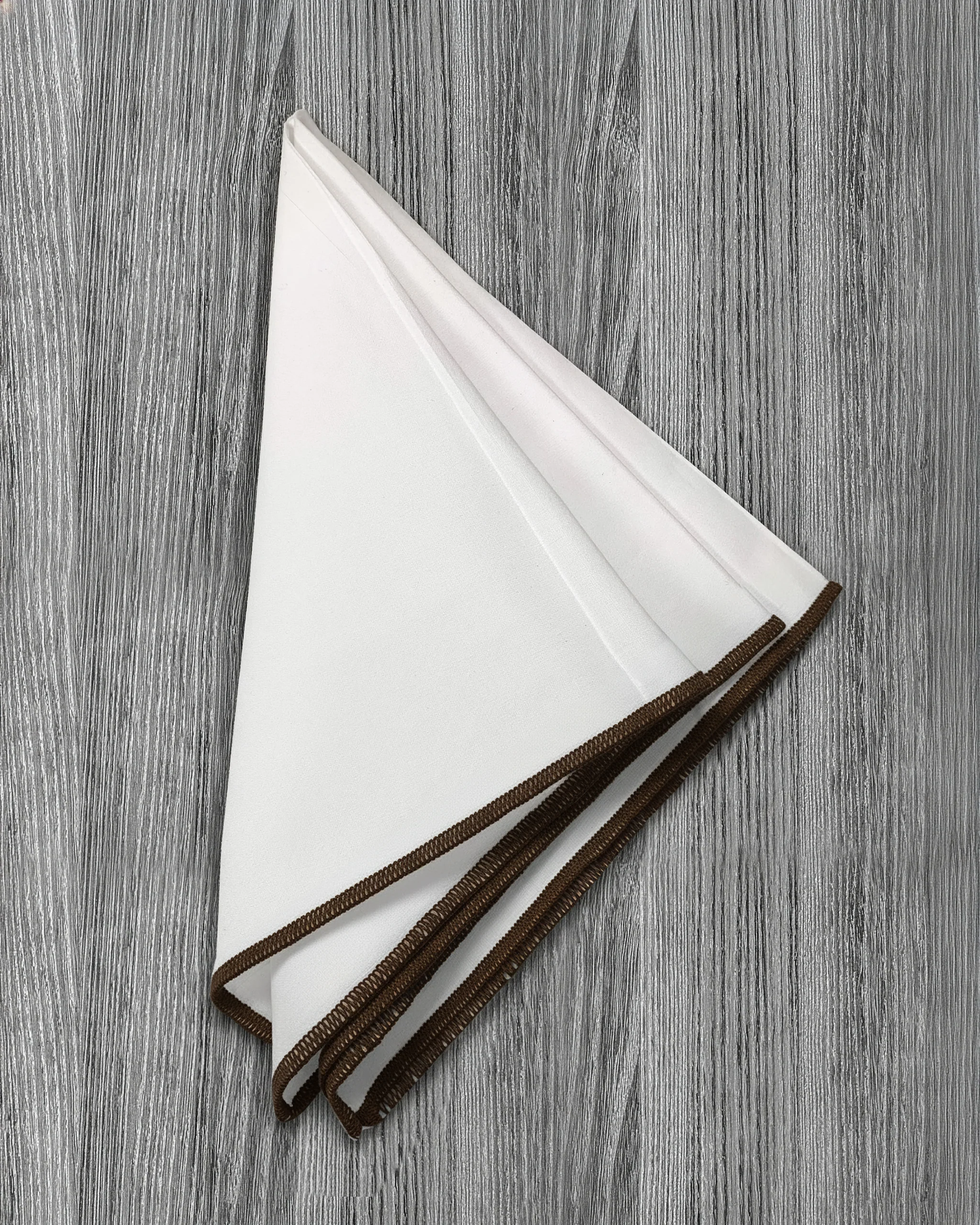Pocket Square - White With Dark Brown Edge Stitch