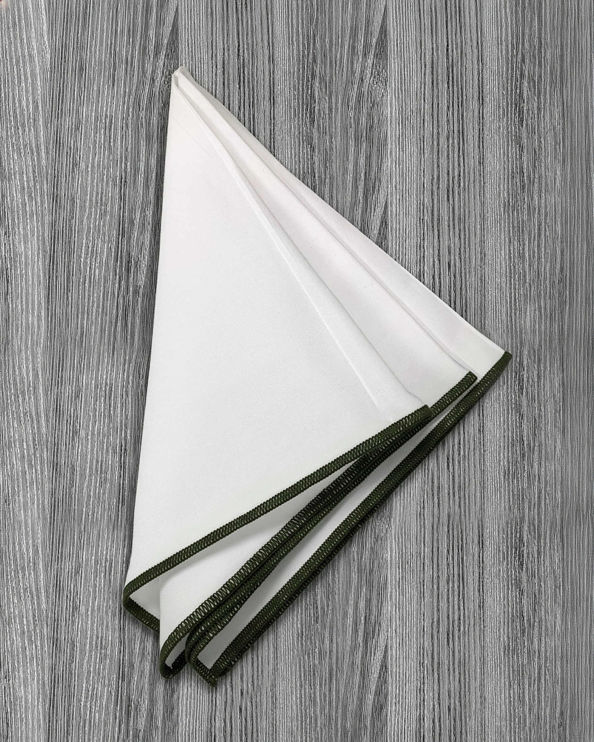 Pocket Square - White With Dark Olive Edge Stitch