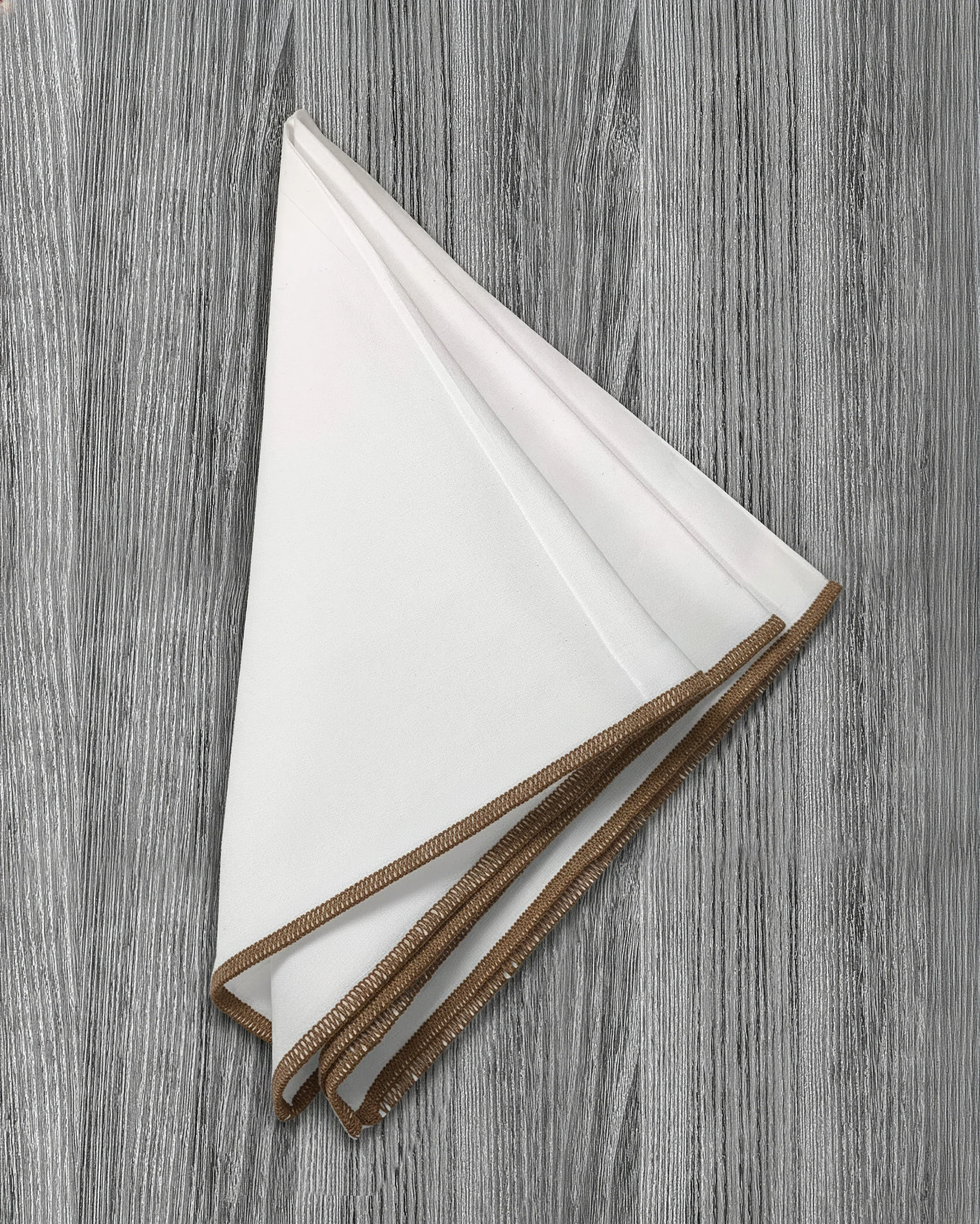 Pocket Square - White With Light Brown Edge Stitch