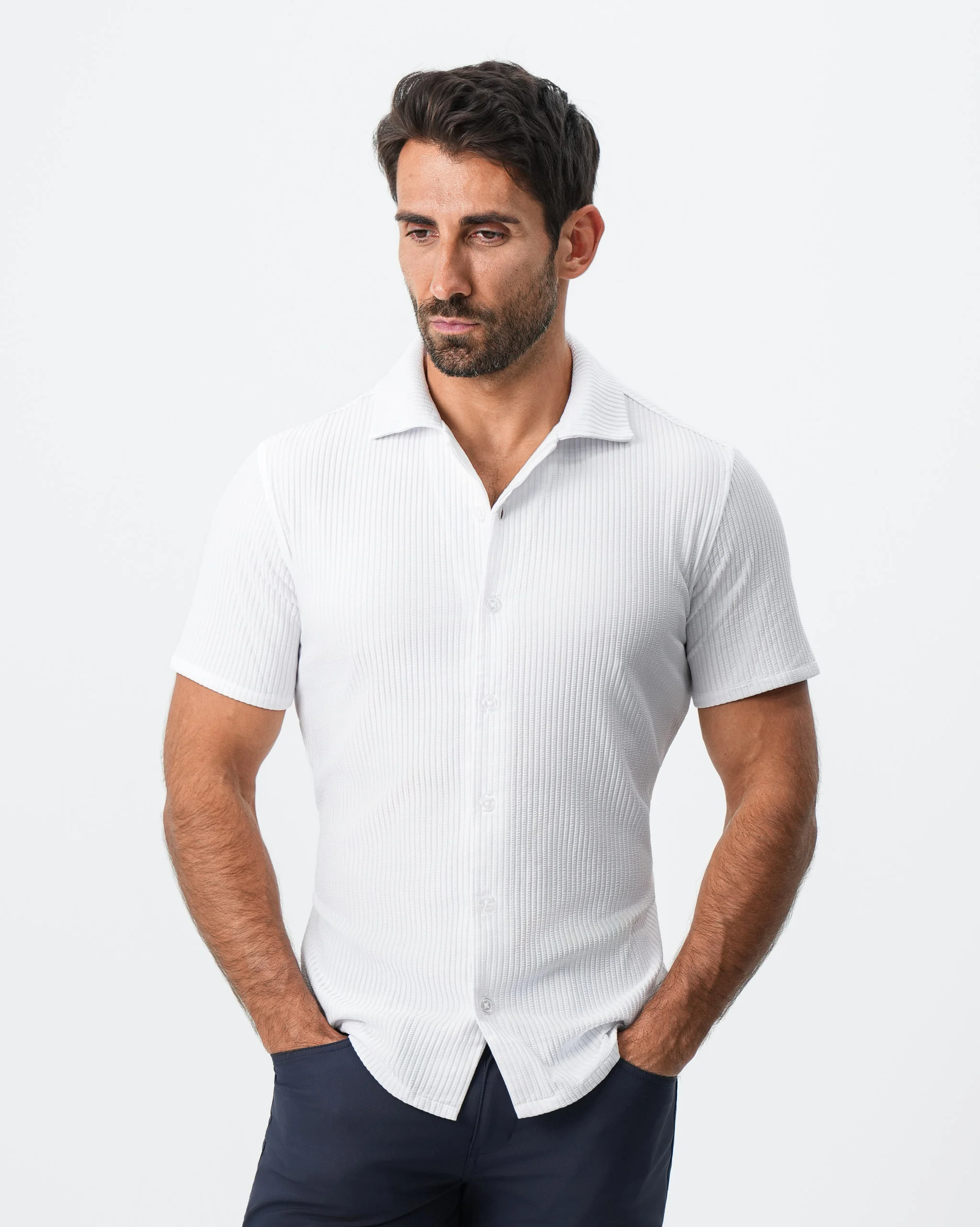 Seersucker Short Sleeve Button Down - White - Image 8