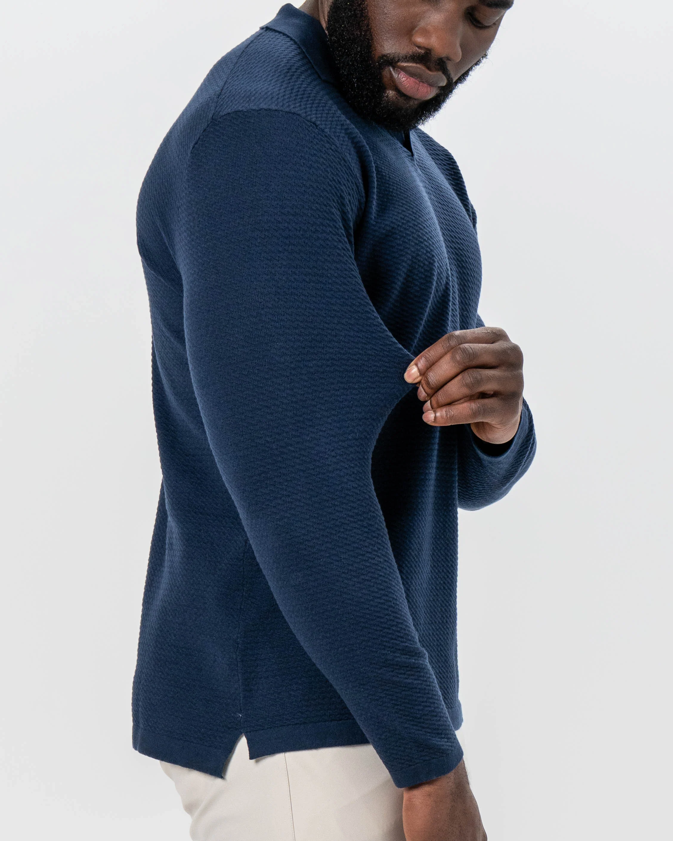 Textured Buttonless Long Sleeve Polo - Navy - Image 2