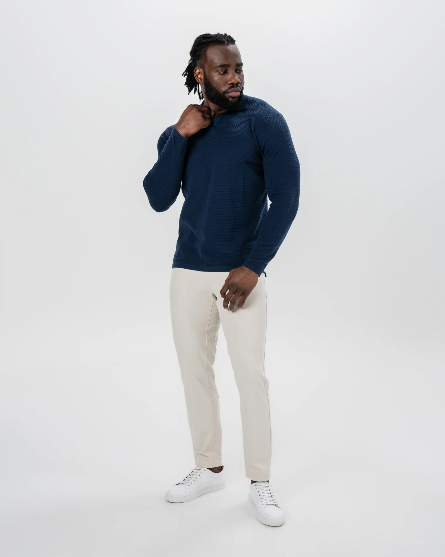 Textured Buttonless Long Sleeve Polo - Navy - Image 3