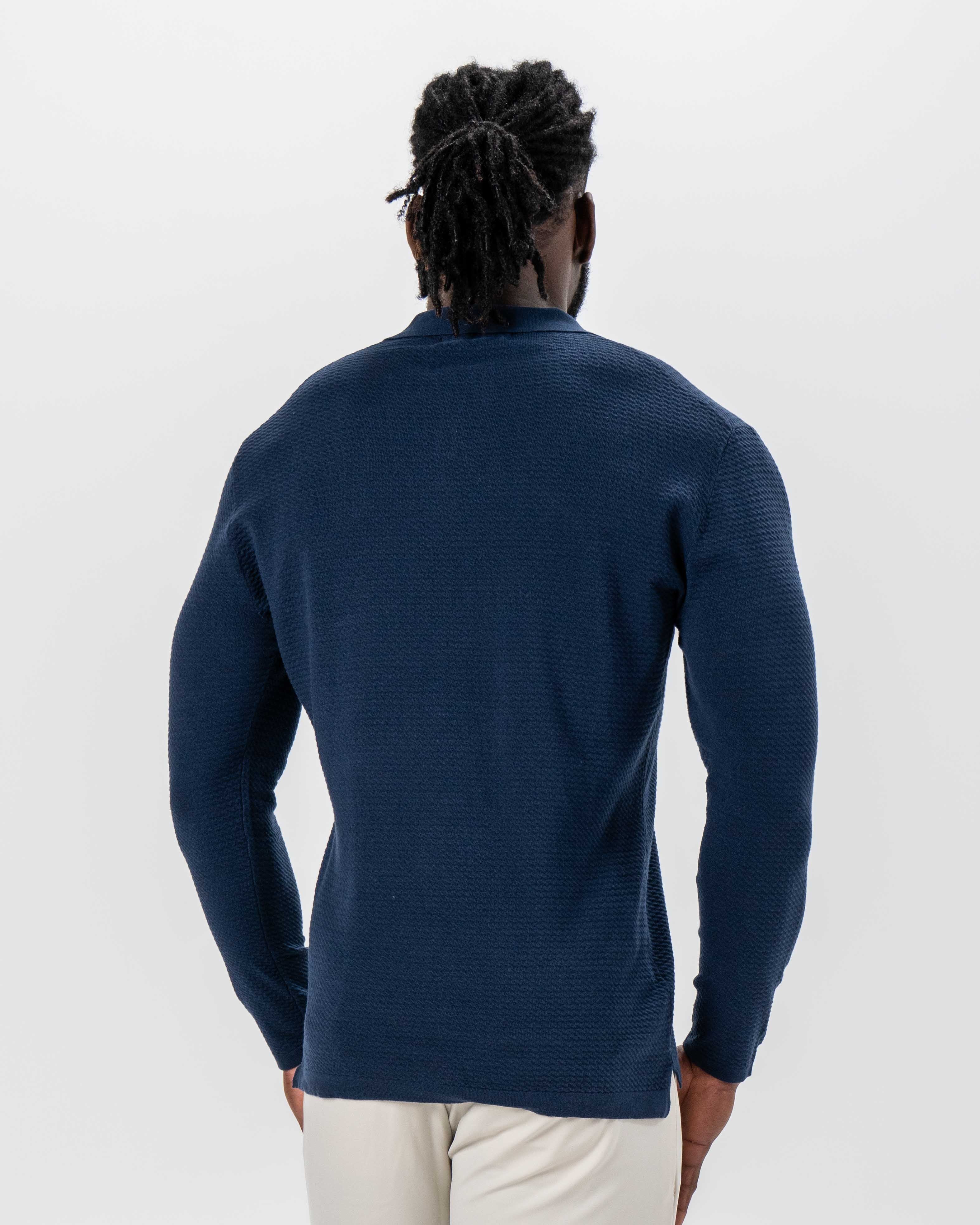 Textured Buttonless Long Sleeve Polo - Navy - Image 4