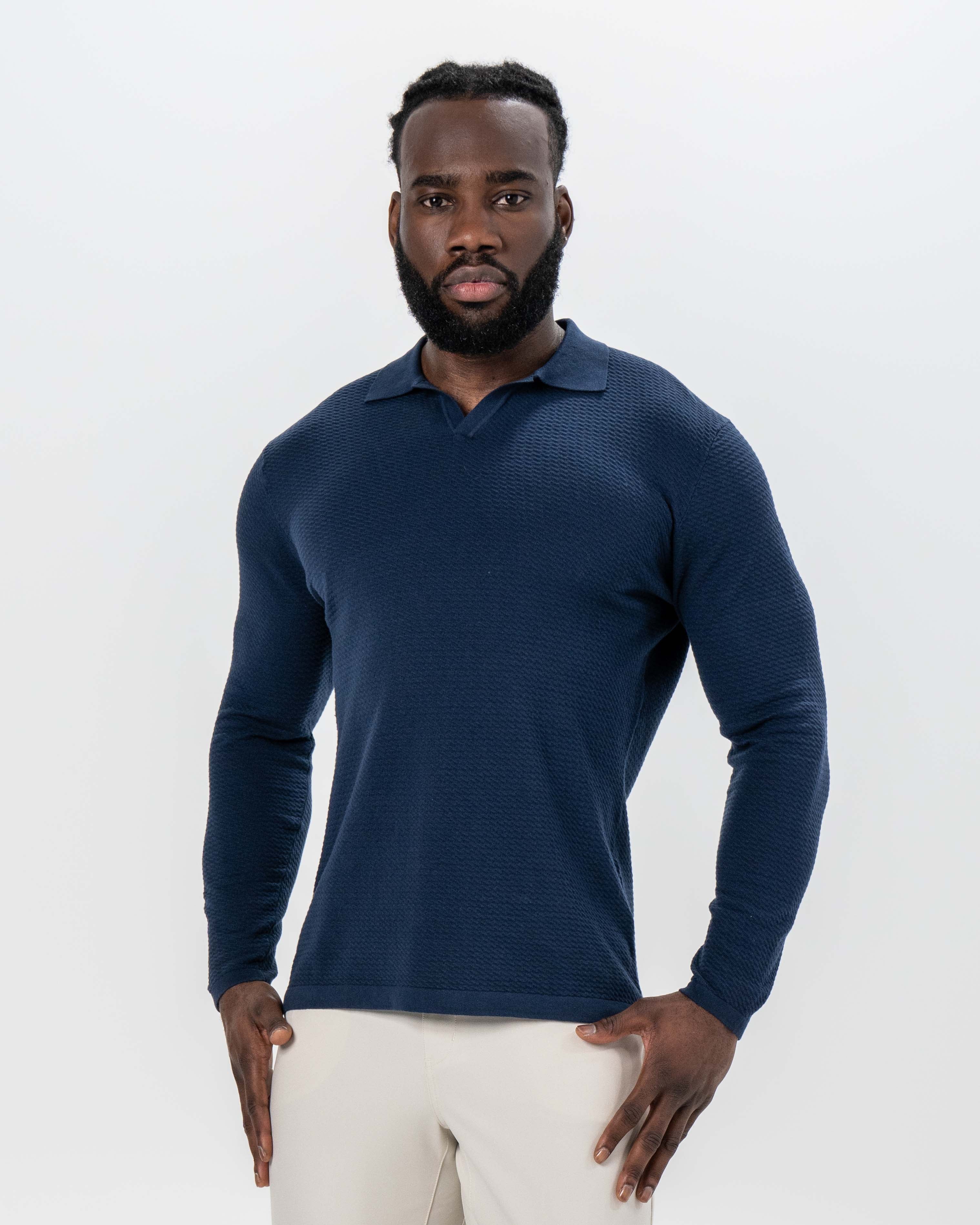 Textured Buttonless Long Sleeve Polo - Navy - Image 5