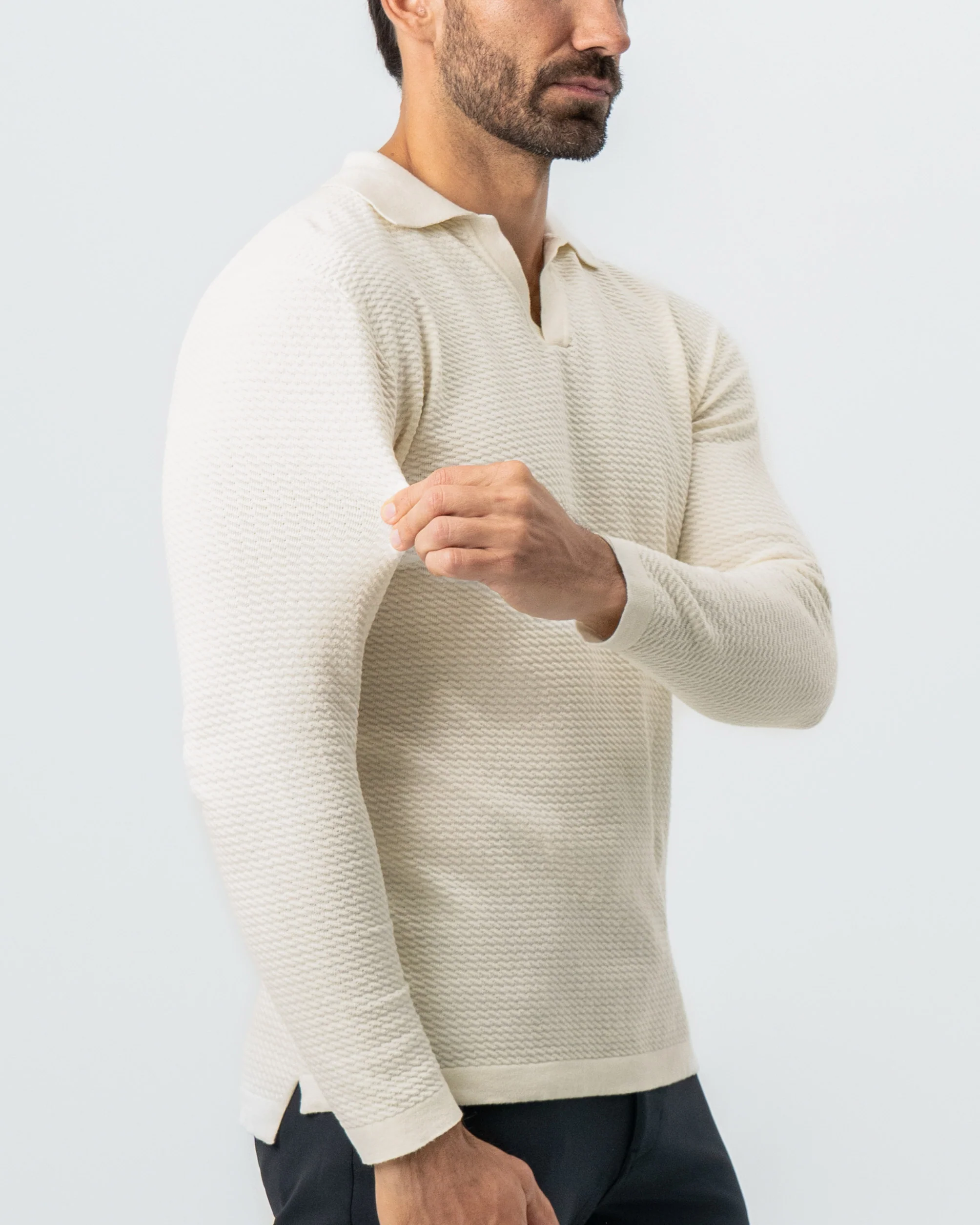 Textured Buttonless Long Sleeve Polo - Tan - Image 2