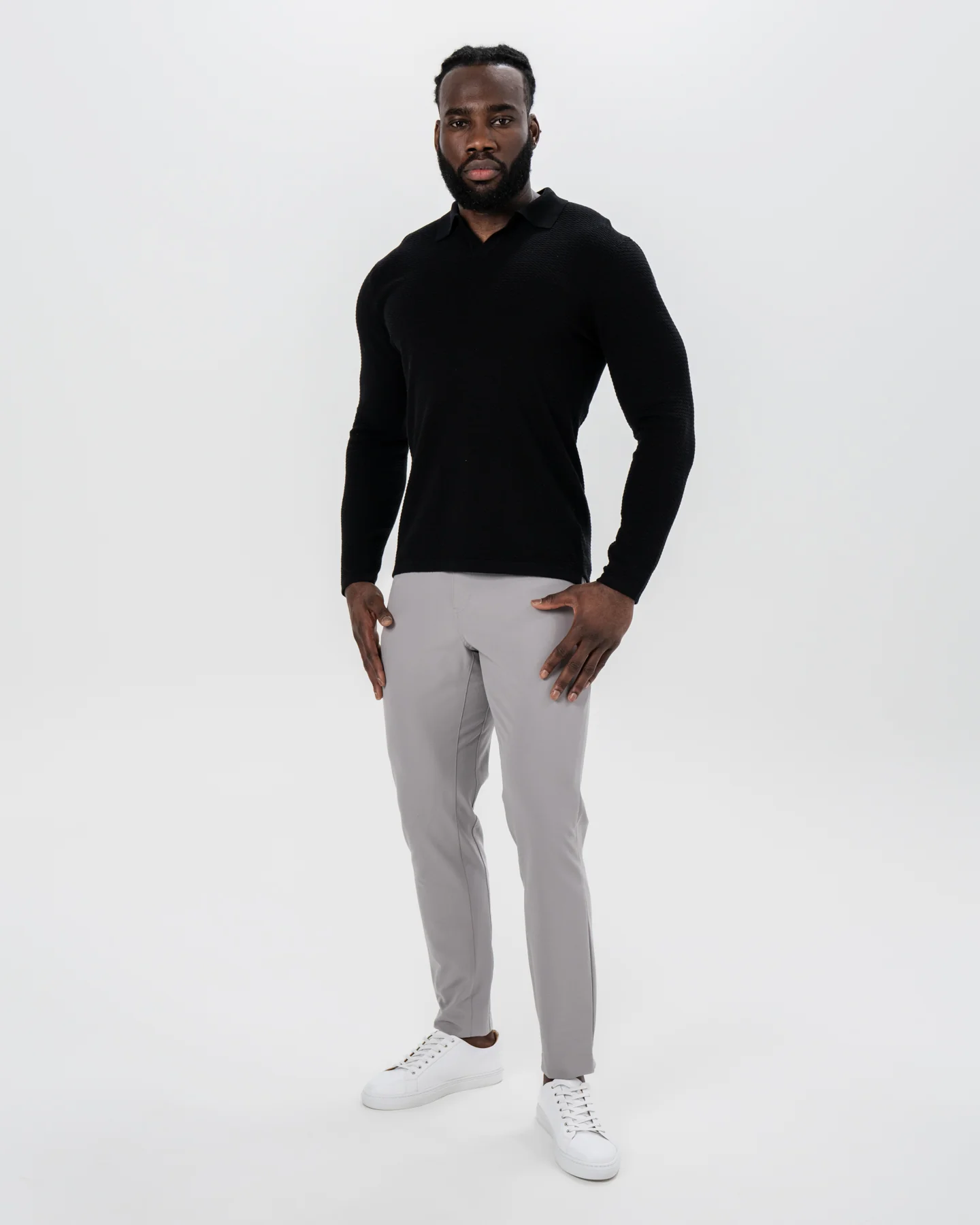 Textured Buttonless Long Sleeve Polo - Black - Image 2