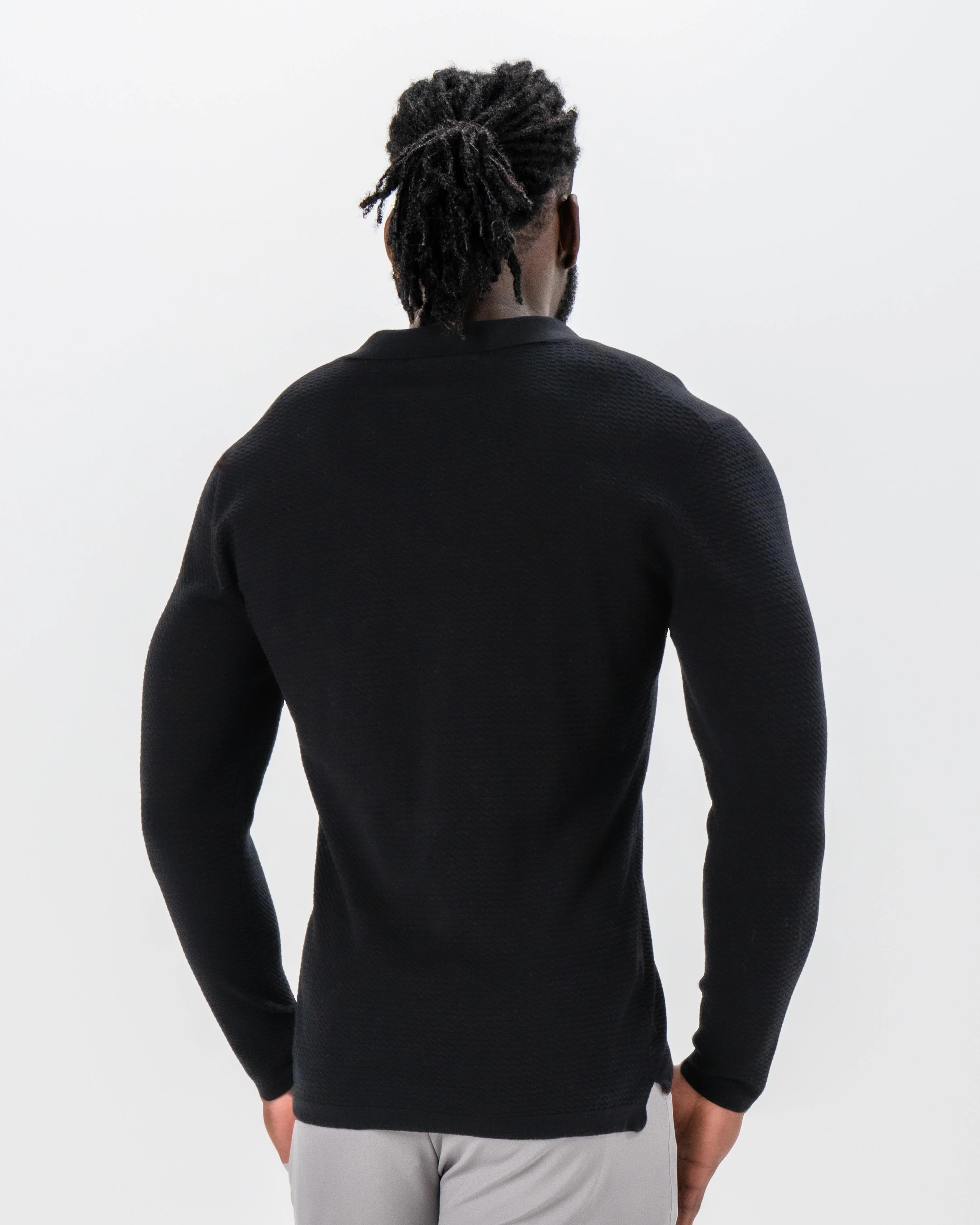 Textured Buttonless Long Sleeve Polo - Black - Image 4