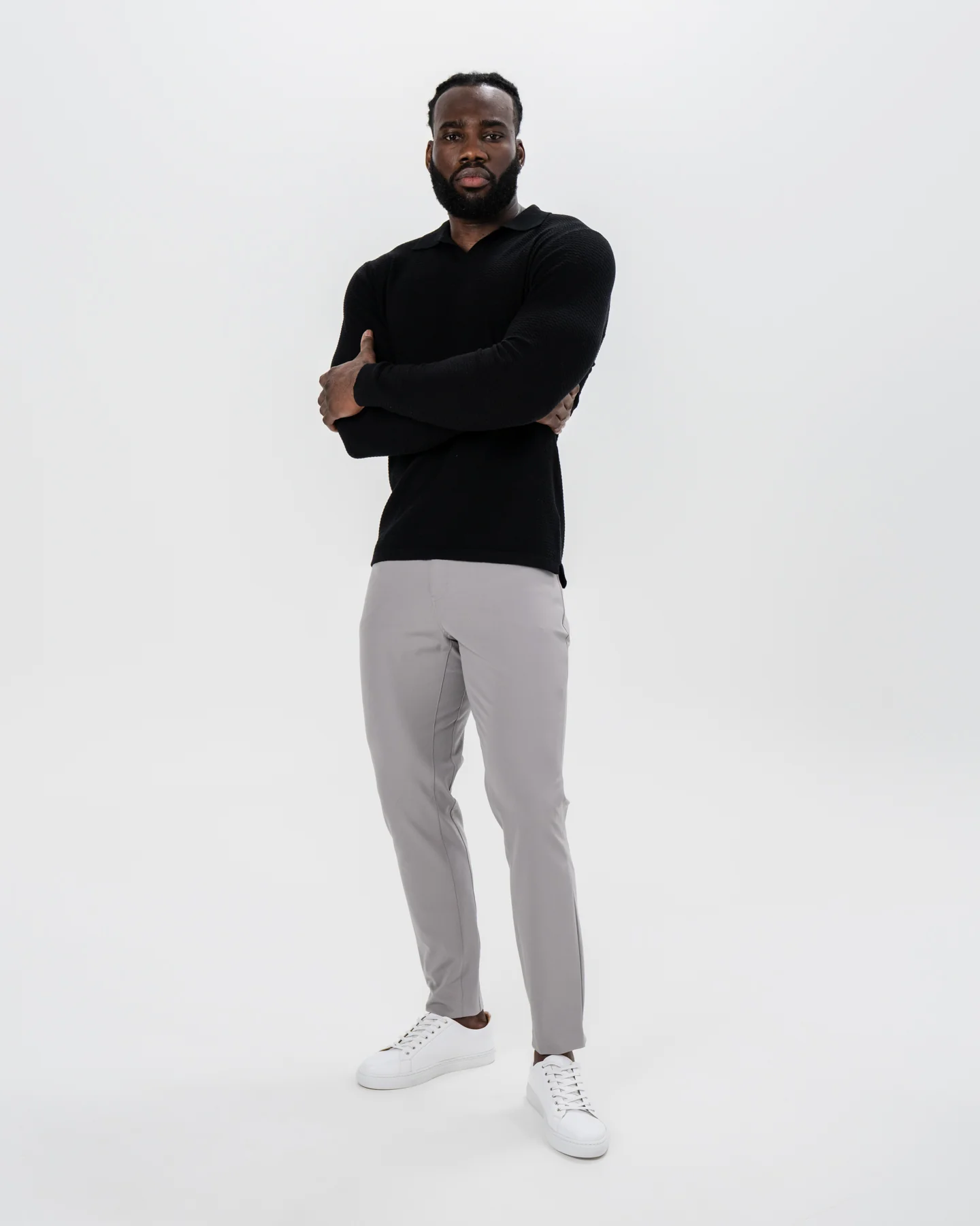 Textured Buttonless Long Sleeve Polo - Black - Image 5